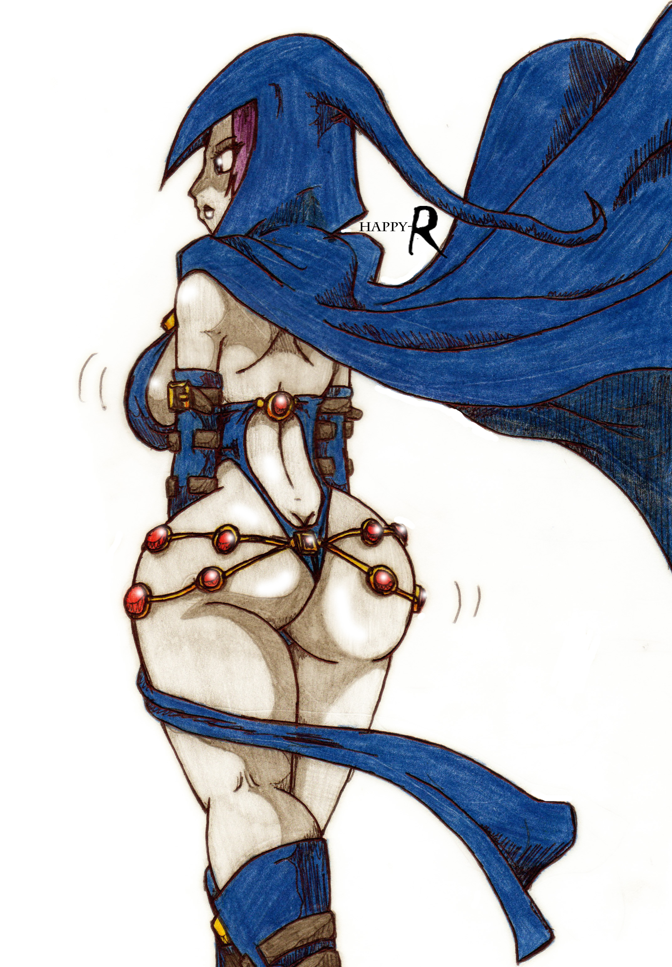 happy-r, rachel roth, raven, dc, dcau, teen titans, white background, anus, ass, breasts, cape, cloak, dat ass, gems, grey skin, hood, jewelry, large breasts, leather straps, leotard, lips, purple hair, sideboob, solo, thighs, thong, wide hips, 