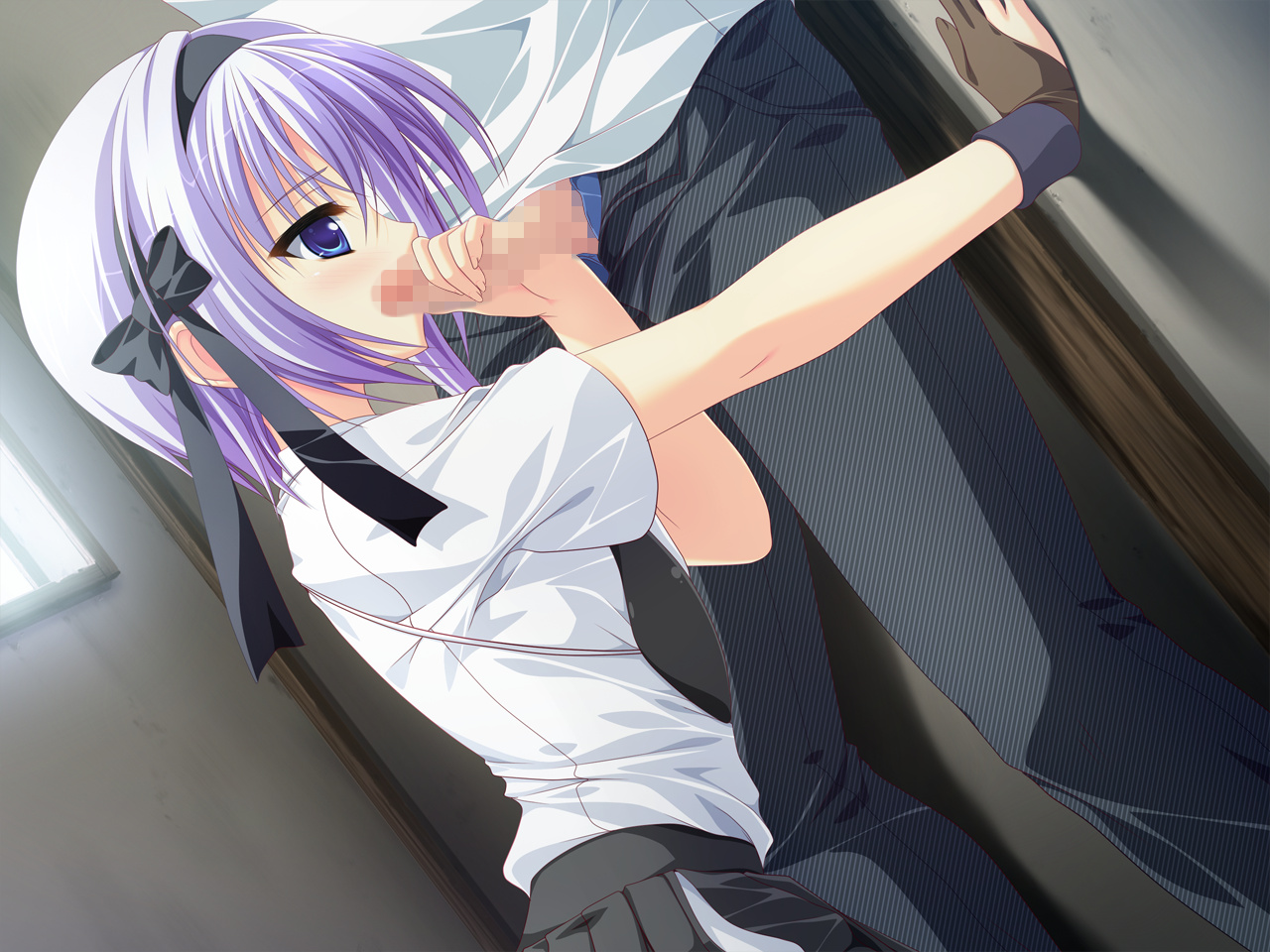 hinata ibuki, hoshizora e kakaru hashi, censored, game cg, blue eyes, fellatio, hair, oral, penis, purple hair, short hair, 