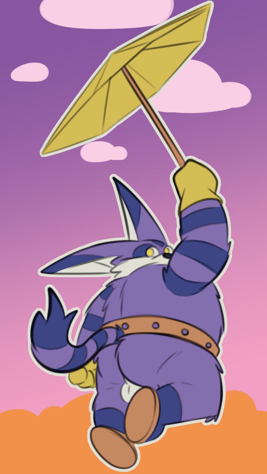 big the cat, sonic the hedgehog (series), hi res, anthro, ass, backsack, balls, bibbidy, big butt, domestic cat, felid, feline, felis, floating, fur, genitals, male, mammal, purple body, purple fur, slightly chubby, solo, umbrella, 