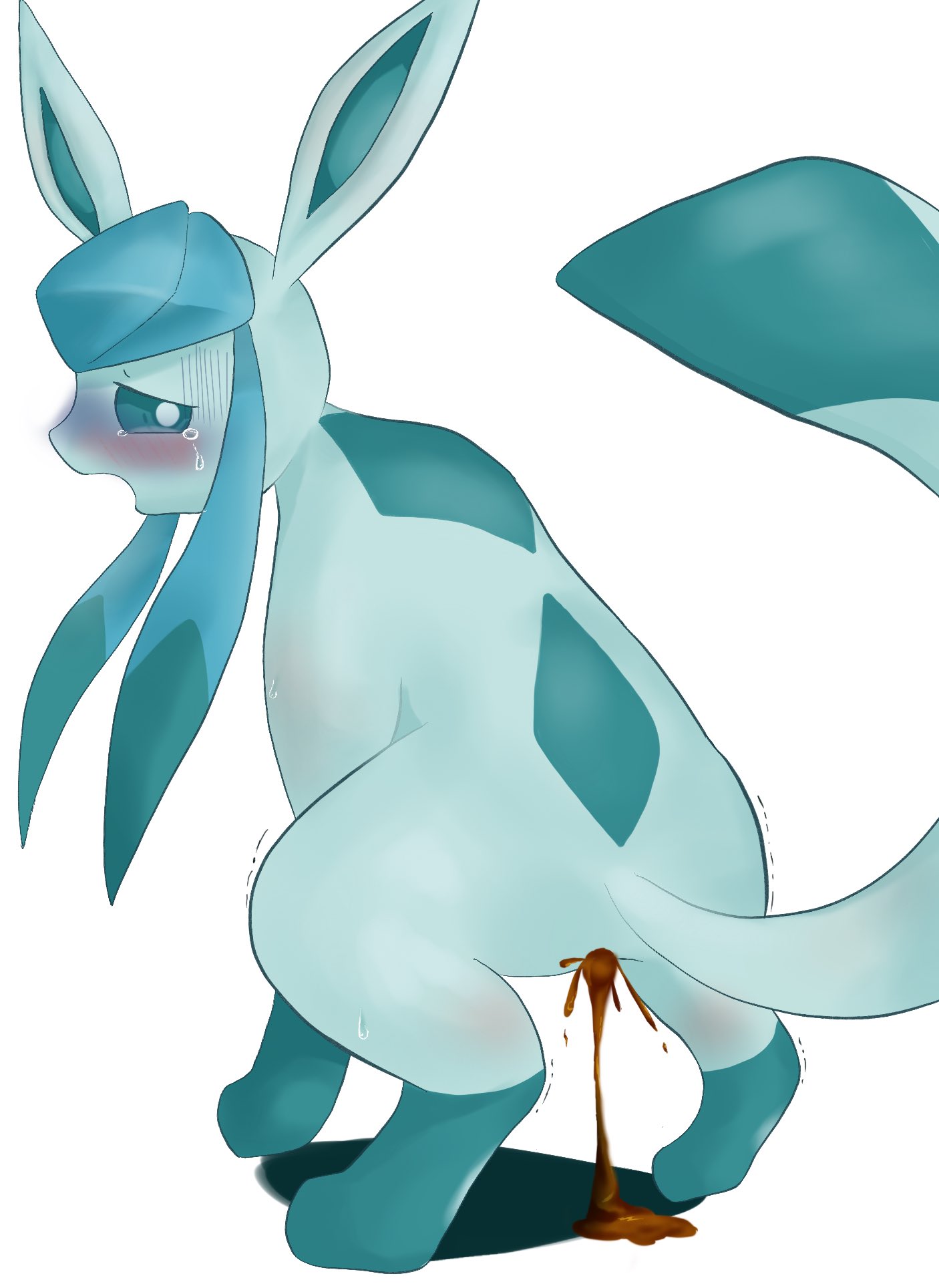 eeveelution, glaceon, nintendo, hi res, ambiguous gender, blush, bodily fluids, crouching, feces, feral, nekosuna5115, pokemon, scat, shaking, solo, tears, trembling, video games, 