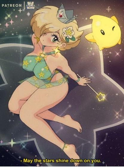 ankle_bracelets barefoot blonde_hair blue_eyes bluethebone earrings english_text feet female flower_in_hair hair_over_one_eye luma magic_wand mario_(series) nintendo princess_rosalina retro_artstyle sitting subtitled swimwear text thighs