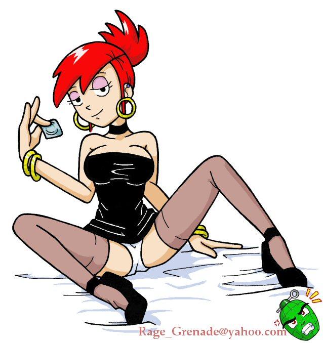 rage grenade, frankie foster, 1girls, bed, black dress, bracelet, bracelets, breasts, choker, clothed, clothing, dress, earrings, eyelashes, eyeshadow, female, female only, footwear, foster's home for imaginary friends, half-closed eyes, high heels, hoop earrings, human, legwear, lingerie, looking at viewer, on bed, panties, shoes, sitting, sitting on bed, solo, spread legs, stockings, underwear, 