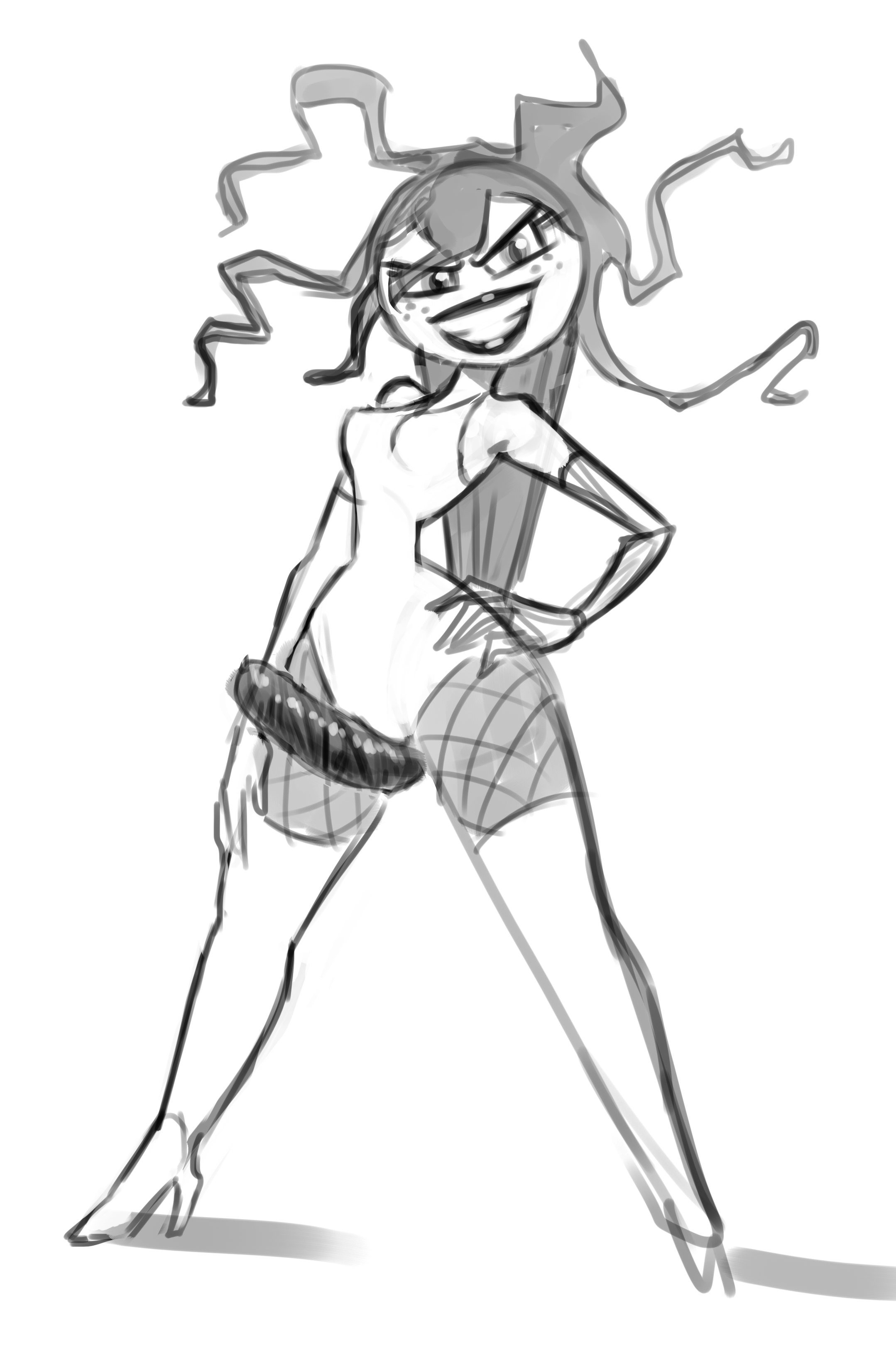 siebe, sedusa, cartoon network, powerpuff girls, monochrome, source request, dominatrix, elbow gloves, femdom, fishnets, leotard, living sex toy, living strap-on, looking at viewer, shiny, strap-on, tentacle, thighhighs, 