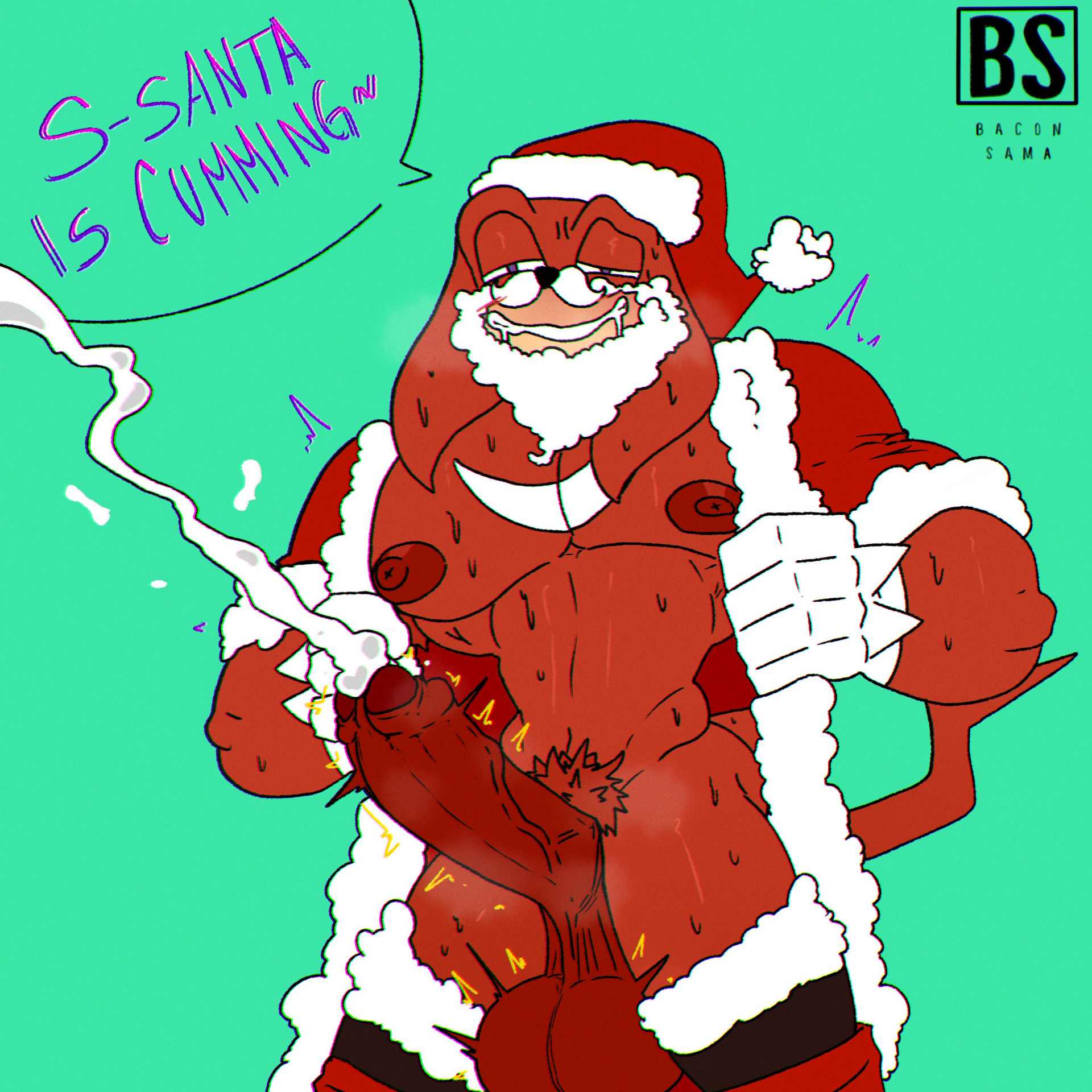knuckles the echidna, christmas, holidays, sega, sonic (series), sonic the hedgehog (series), hi res, speech bubble, anthro, armpit hair, aroused, bacon sama, balls, big balls, big muscles, big pecs, big penis, blush, bodily fluids, body hair, christmas clothing, christmas headwear, clothing, costume, cum, drooling, echidna, ejaculation, fake beard, foreskin, genital fluids, genitals, hat, headgear, headwear, huge balls, huge cock, looking pleasured, male, mammal, monotreme, motion lines, muscular, muscular male, pecs, penis, pubes, saliva, santa costume, santa hat, solo, sweat, sweatdrop, throbbing, throbbing balls, throbbing penis, 