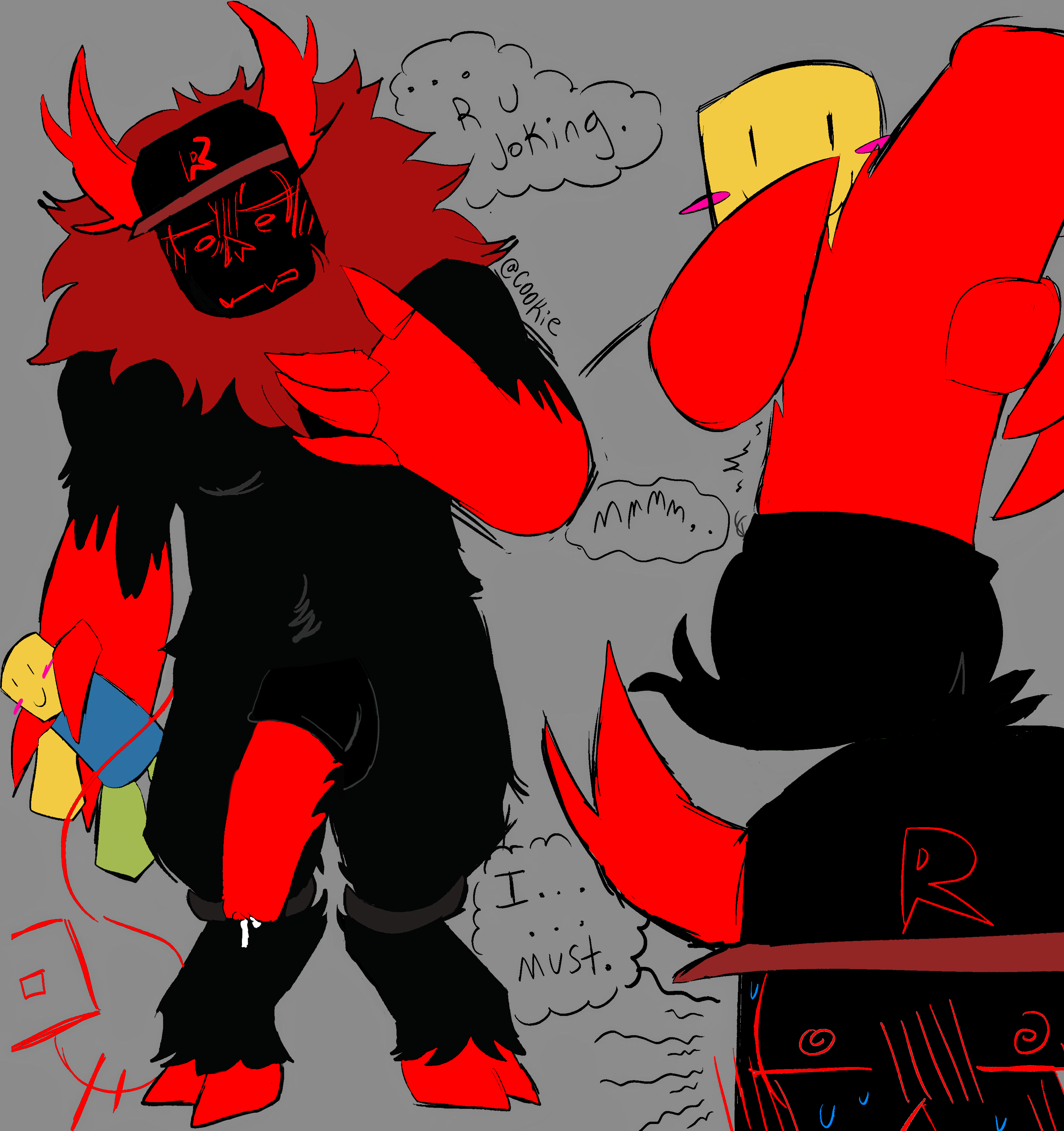 2d balls black_fur claws color crumbz030 dialogue digital_media_(artwork) edit forsaken_(roblox) fur guest_666_(forsaken) hooves horns knot looking_at_penis male_only monster monster_cock noob_(forsaken) penis plushie plushophilia precum roblox sweat tagme tail text