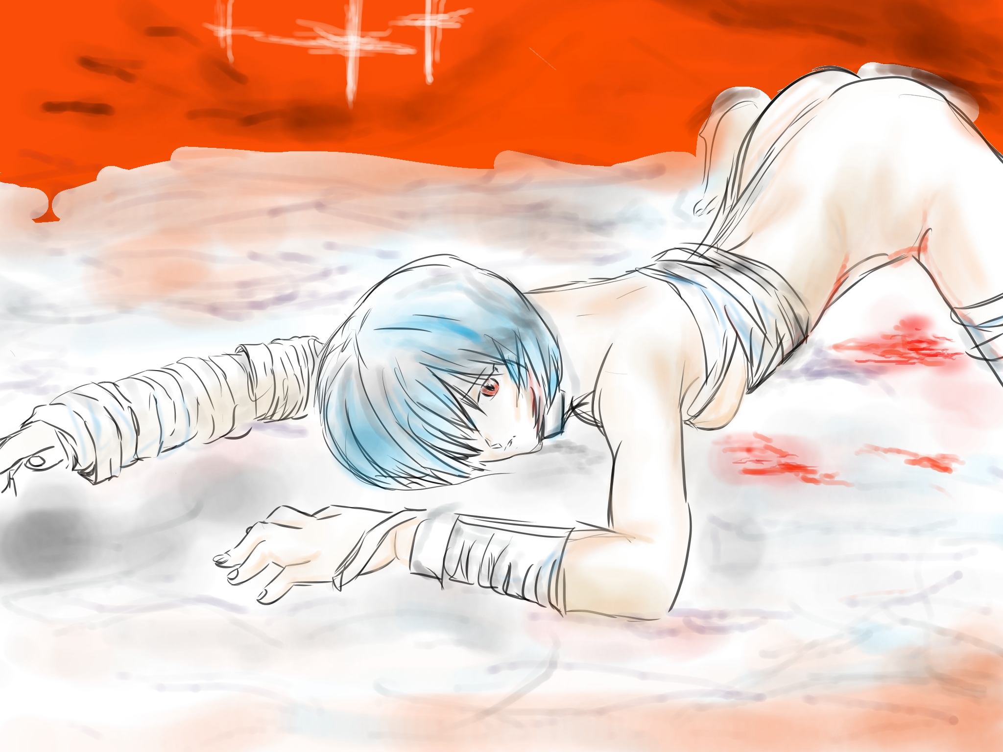 rei ayanami, <b>neon</b> <b>genesis</b> <b>evangelion</b>, hi res, ass, ass up, bandage, blue ha...