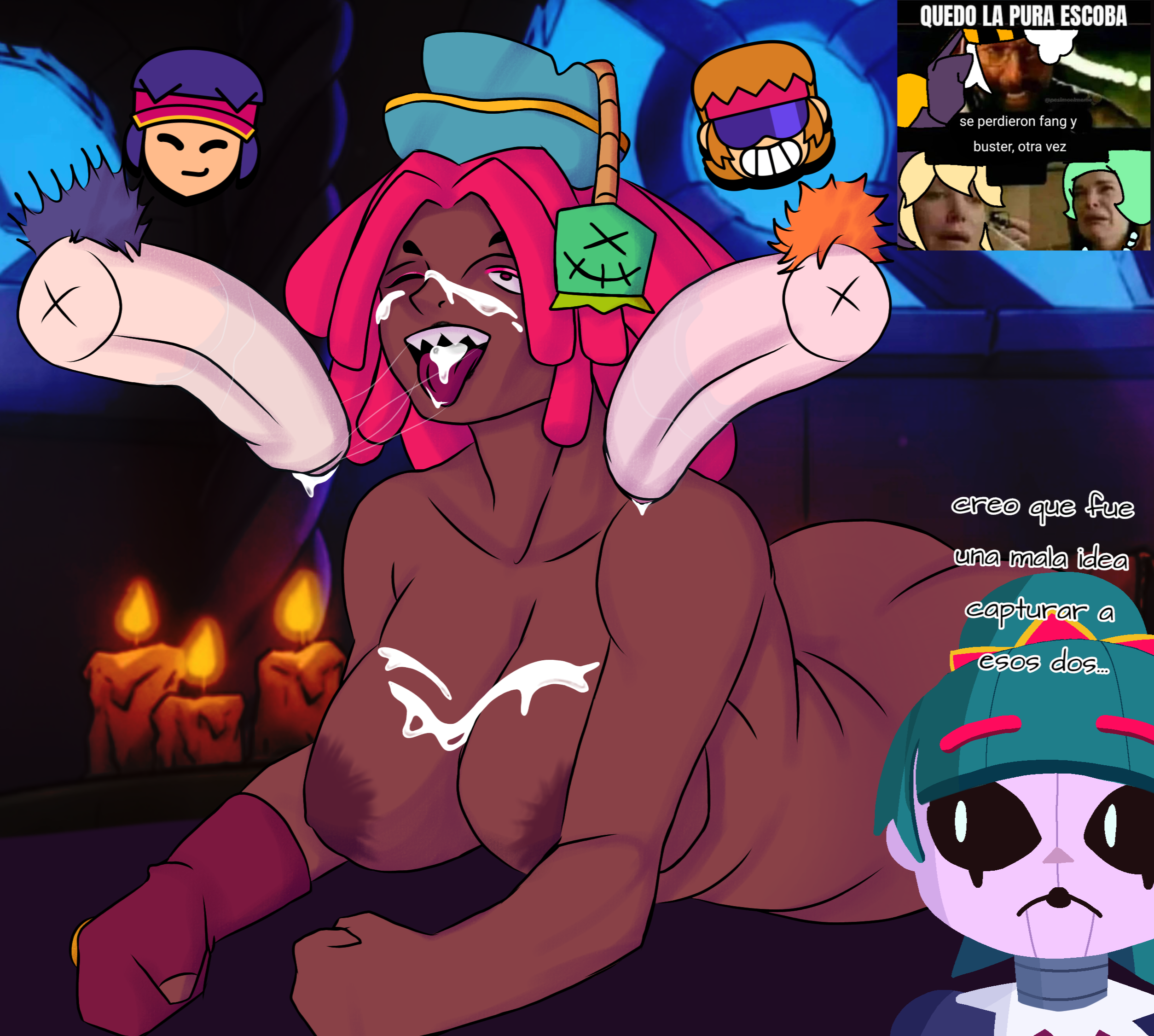 1girls 2boys after_oral brawl_stars buster_(brawl_stars) facial fang_(brawl_stars) gigi_(brawl_stars) huge_breasts huge_cock juju_(brawl_stars)