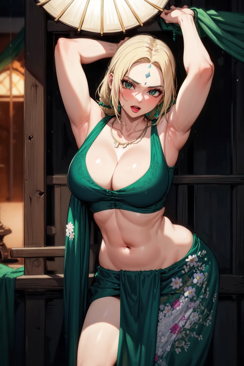 tsunade, naruto (series), ai generated, belly button, blonde hair, ghost141000, green saree, harem outfit, large breasts, mature female, midriff, navel, revealing clothes, saree, sari, 