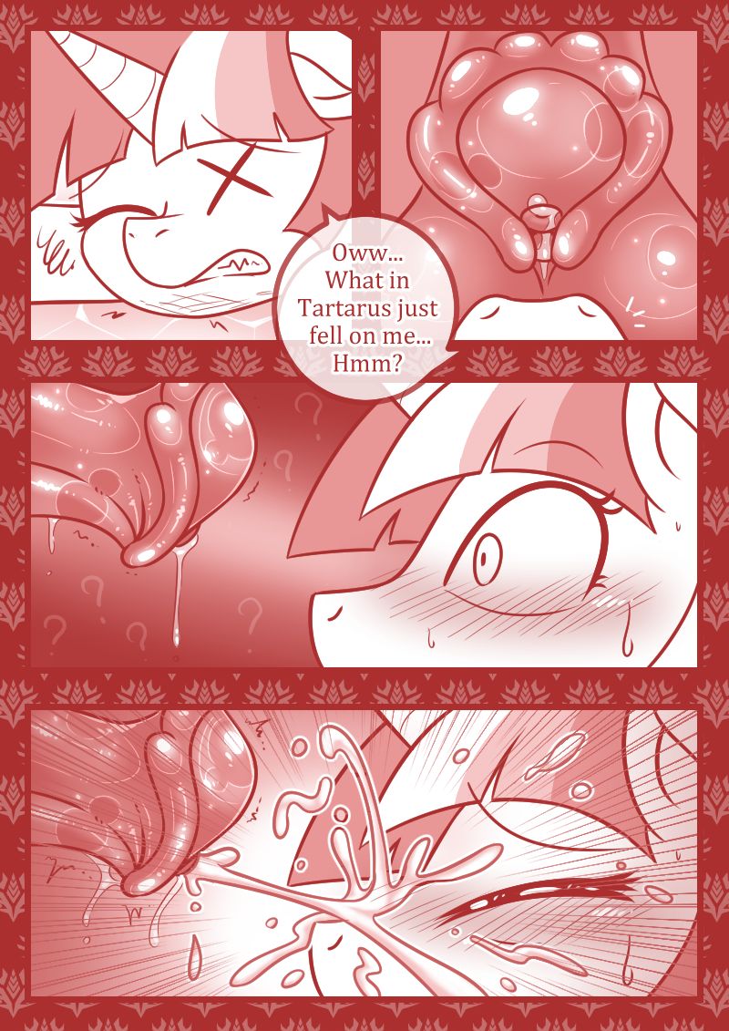 vavacung, king sombra (mlp), princess twilight sparkle (mlp), twilight sparkle (mlp), friendship is magic, hasbro, my little pony, 2017, comic, digital media (artwork), english text, monochrome, red theme, text, alicorn, anatomically correct, anatomically correct genitalia, anatomically correct penis, animal genitalia, animal penis, bodily fluids, cum, cum on face, duo, ejaculation, equid, equine, equine penis, female, feral, flared penis, genital fluids, genitals, hands-free, horn, male, mammal, orgasm, penis, pent up, spontaneous ejaculation, surprise, unicorn, wide eyed, wings, 