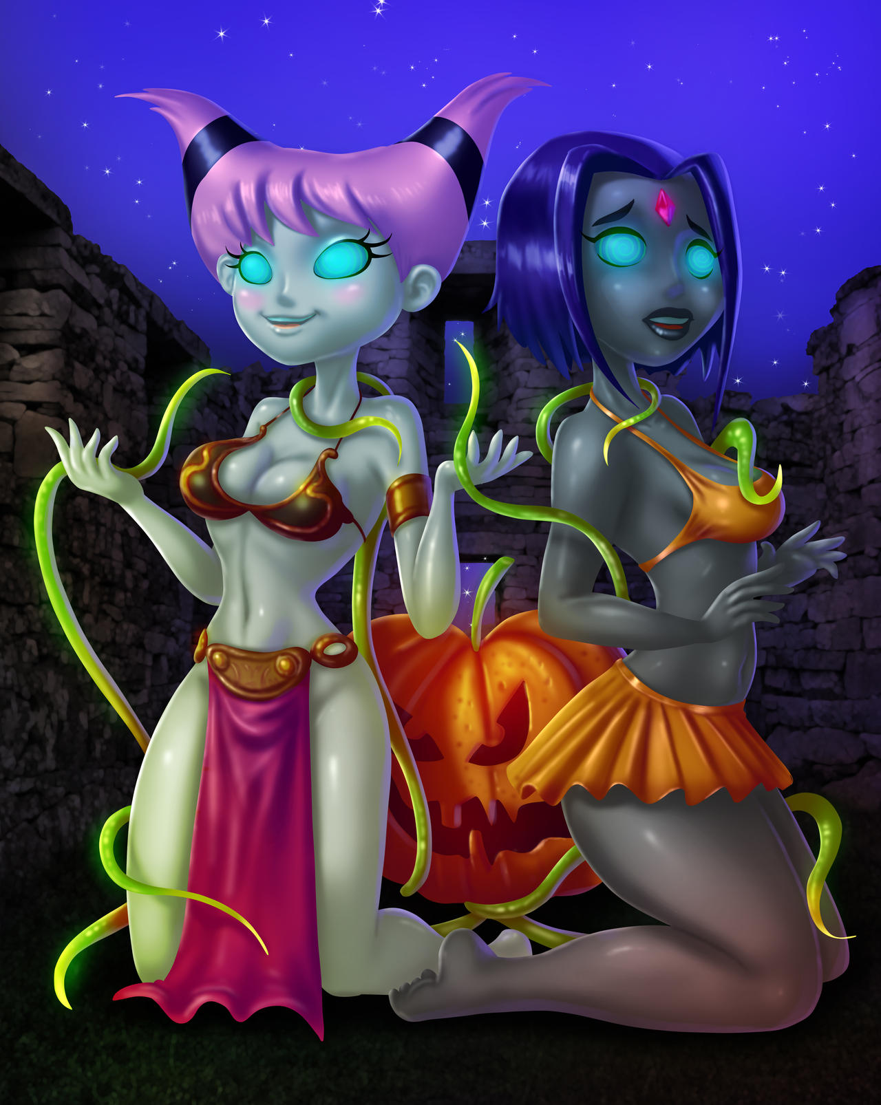 jinx (dc), rachel roth, raven, raven (dc), slave leia (cosplay), dc, dc comics, teen titans, 14-bis, 2girls, belly dancer, belly dancer outfit, cheerleader uniform, glowing eyes, hypnosis, large breasts, loincloth, mind control, miniskirt, slave, slave bikini, slave outfit, slavegirl, 