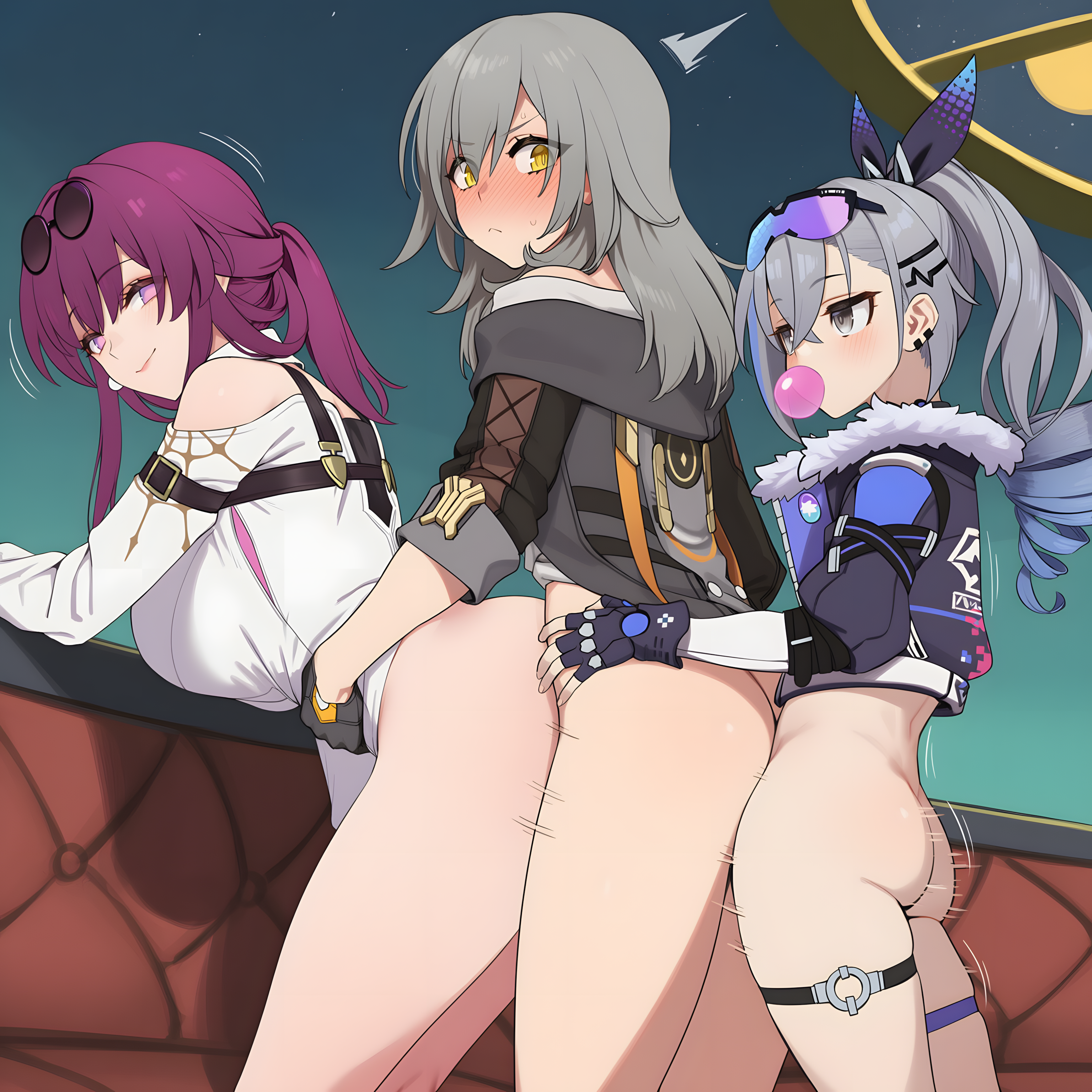 3girls ass bare_shoulders bent_over black_gloves black_jacket blush bottomless breasts bubble_blowing chewing_gum closed_mouth clothed_sex clothing couch drill_hair earrings eyewear eyewear_on_head female fingerless_gloves from_side fur-trimmed_jacket fur_trim futa_with_female futanari gloves goggles goggles_on_head grey_eyes grey_hair group_sex guns_girlz_(series) hair_between_eyes hair_ornament hands_on_another's_hips high_ponytail honkai:_star_rail hood hooded_jacket implied_futanari jacket jewelry kafka_(honkai:_star_rail) large_breasts long_hair long_sleeves looking_at_another looking_at_viewer looking_back motion_lines multiple_girls night night_sky outdoors pince-nez ponytail purple_eyes purple_hair sex sex_from_behind shaddai shirt silver_wolf_(honkai:_star_rail) sky smile standing standing_sex star_(sky) starry_sky stelle_(honkai:_star_rail) sunglasses thigh_strap thighs threesome torso_grab trailblazer_(honkai:_star_rail) white_shirt yellow_eyes