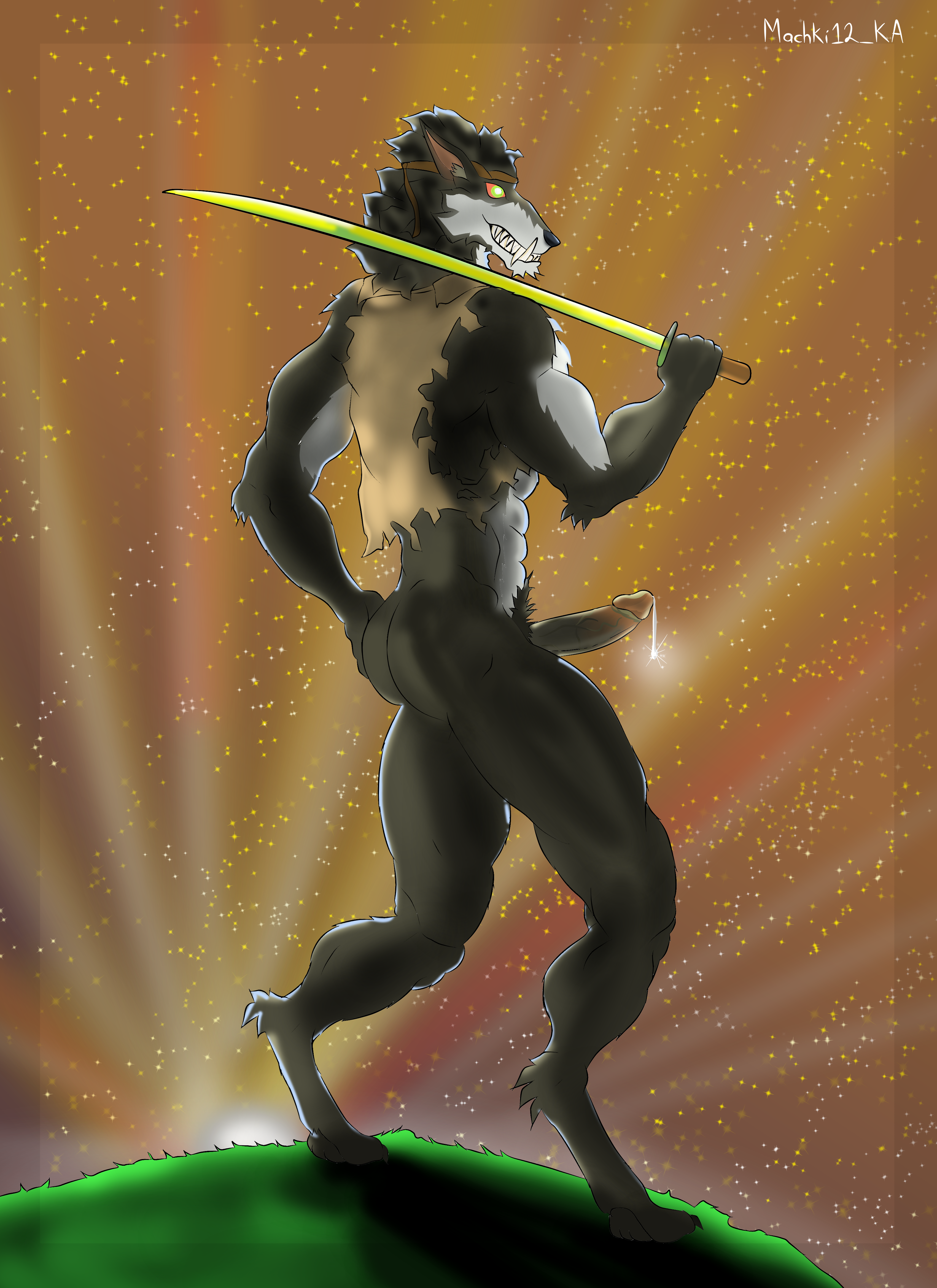absurd_res ambiguous_fluids anthro ass butt_focus canid canine clothing digitigrade_footwear digitigrade_paws dire_(fortnite) epic_games fangs footwear fortnite furgonomic_footwear furgonomics genitals glans glistening glistening_eyes gradient_background grass grass_field hi_res illuminated jacket katana larger_male long_penis machki12_ka male mammal melee_weapon morning mythological_canine mythological_creature mythology paws penis plant side_view simple_background size_difference solo sword sword_on_shoulder teeth topwear weapon werecanid werecanine werecreature werewolf yellow_eyes