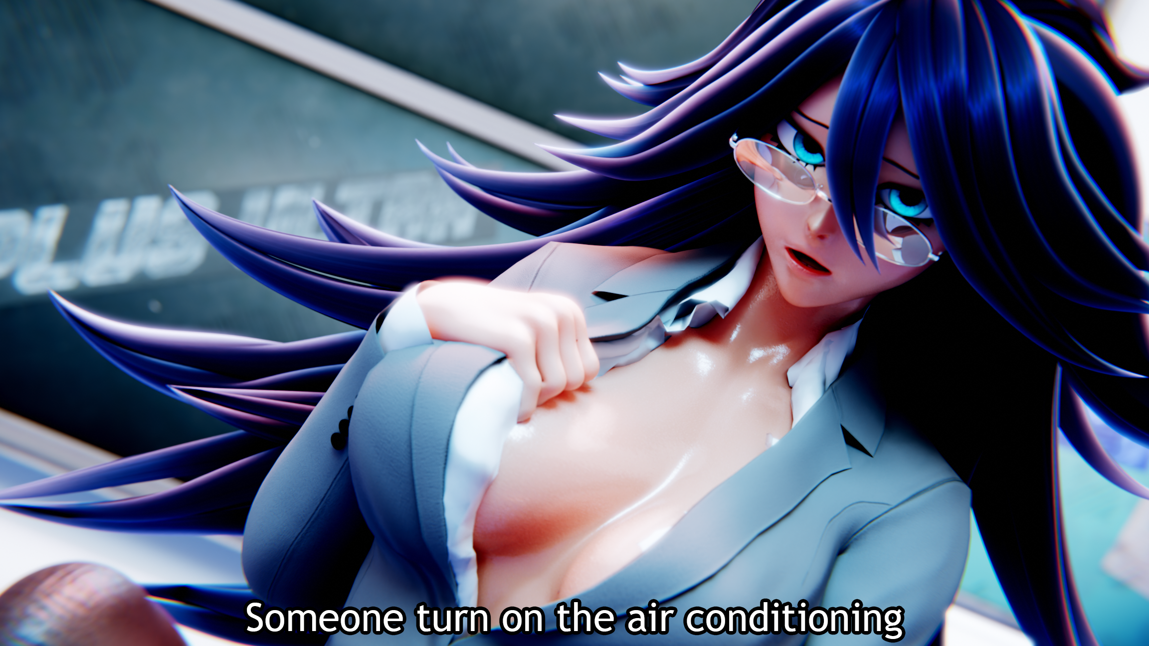 1girls 3d 3d_(artwork) 777bronzestar big_breasts black-haired_female black_hair blue_eyes boku_no_hero_academia breasts breasts_out classroom clothed clothing female female_focus female_only glasses glowing_eyes indoors legwear long_hair midnight_(my_hero_academia) my_hero_academia nemuri_kayama subtitled sweat sweaty sweaty_body sweaty_breasts