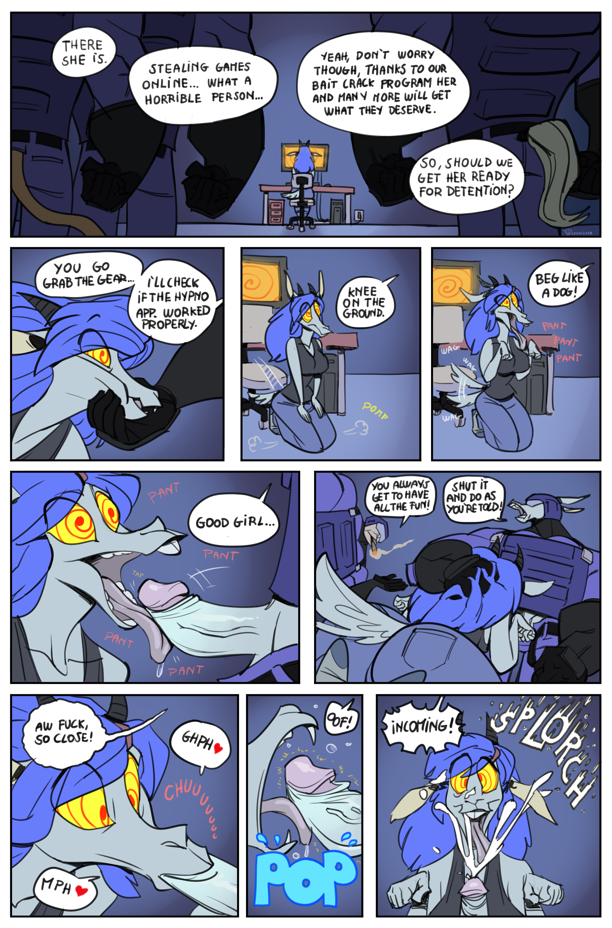 oddjuice, absurd res, comic, digital media (artwork), english text, hi res, simple background, text, anthro, bodily fluids, bovid, bovide, breasts, caprine, clothing, drooling, erection, fellatio, female, fur, genital fluids, goat, hair, hypnosis, licking, male, mammal, mind control, open mouth, oral, penile, penis, saliva, sex, smile, straight, teeth, tongue, tongue out, video games, 
