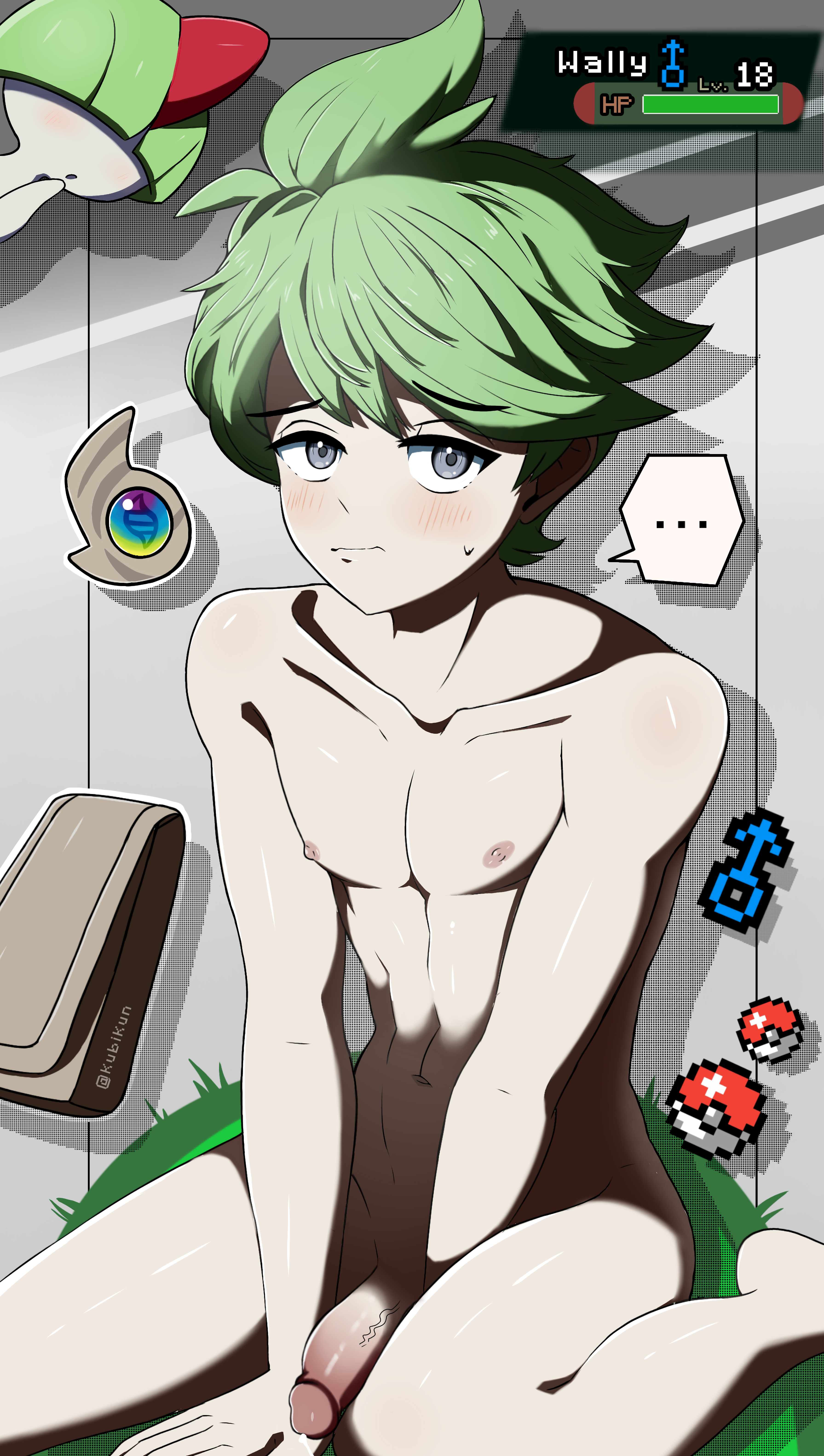 wally (pokemon), game freak, nintendo, pokemon oras, blush, green hair, kubikun, looking at viewer, male only, pokemon, solo male, uncensored, white skin, young, 