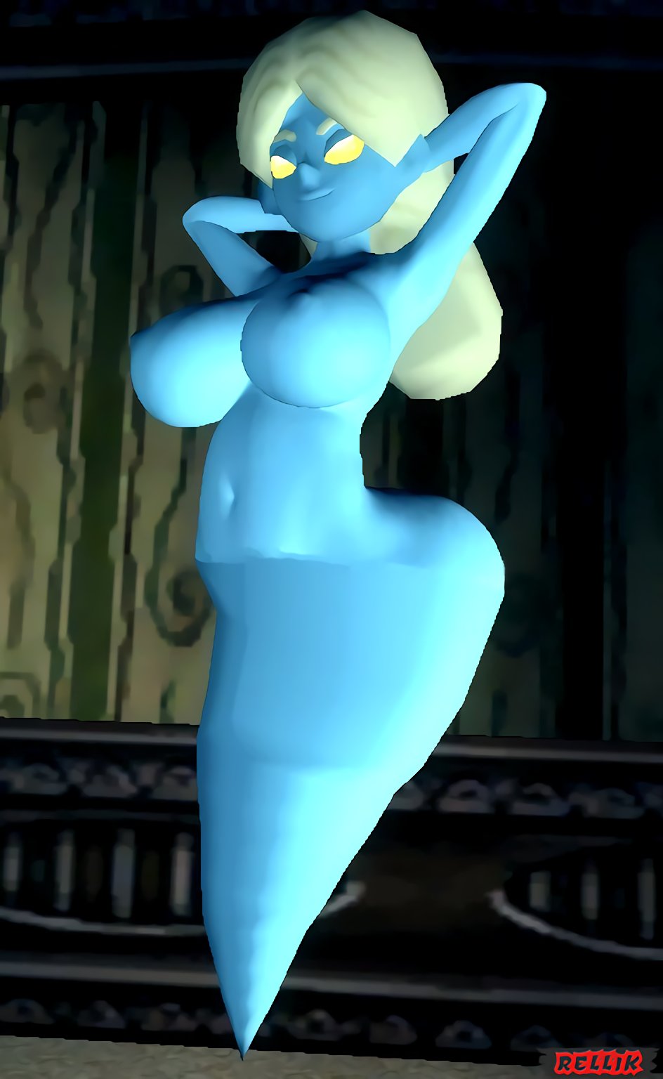 melody pianissima, mario (series), nintendo, 3d, 1girls, big breasts, big thighs, blue body, breasts, female, female only, ghost, ghost girl, ghost nipples, ghost tail, hands behind head, long hair, looking at viewer, naked, nipples, no pupils, nude, platinum blonde hair, relliksb, smile, solo, thick, thick hips, thick thighs, wide hips, yellow eyes, 