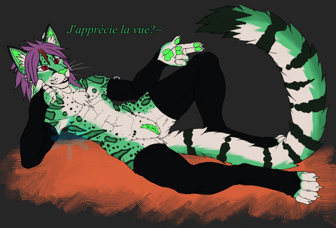 frostwyrm102, digital media (artwork), simple background, anthro, clothing, cuntboy, feline, fur, green fur, hair, intersex, legwear, mammal, mostly nude, purple hair, pussy, stockings, 
