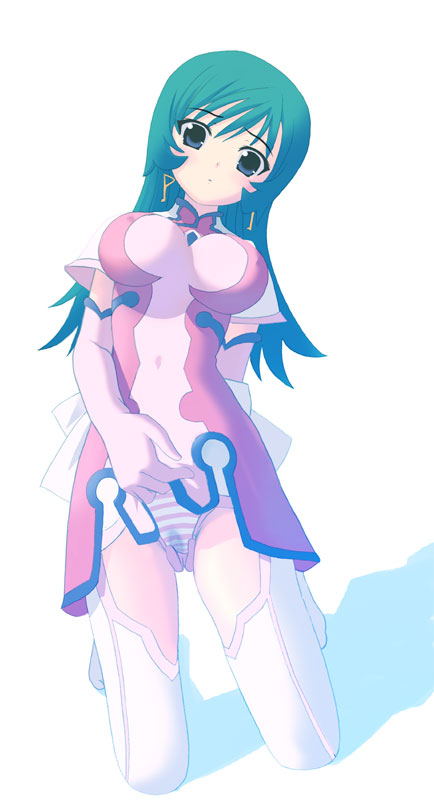 houmitsu, kotona elegance, zoids, zoids genesis, black eyess, erect nipples, green hair, kneeling, kotona, looking at viewer, navel, panties, pink panties, skirt, skirt lift, solo, striped, striped panties, underwear, wet panties, 