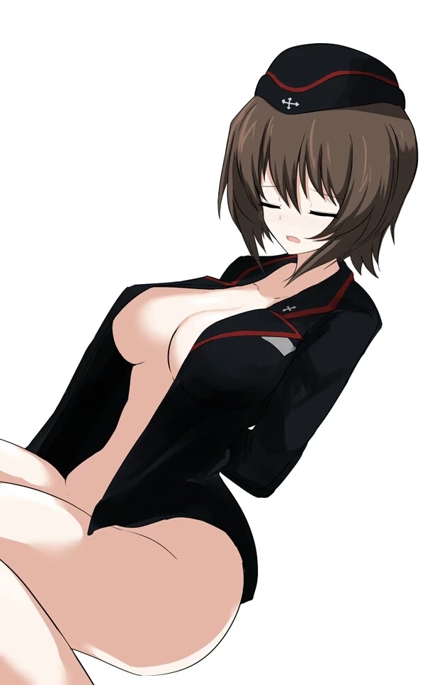 nishizumi maho, girls und panzer, simple background, 1girl, arms behind back, brown hair, closed eyes, female only, garrison cap, kuromorimine military uniform, military jacket, military uniform, open mouth, open shirt, shirt only, short hair, sitting, 