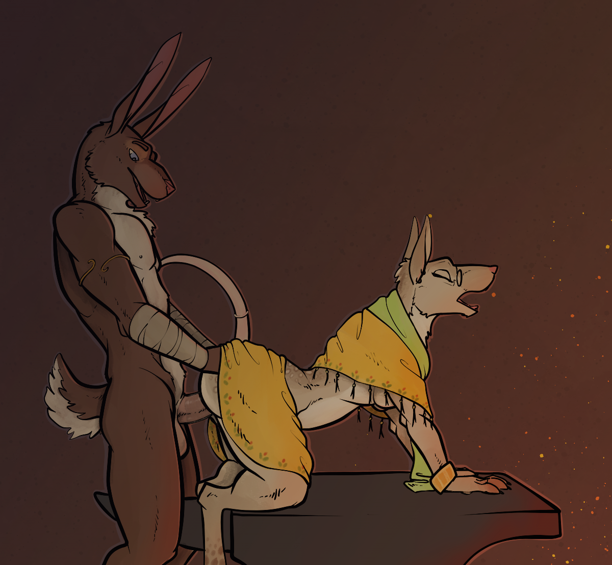 tren, anthro, arm wraps, doggy style, duo, eyewear, female, from behind position, genitals, glasses, hare, jewelry, lagomorph, leporid, male, male/female, mammal, mouse, murid, murine, nude, penis, rodent, scarf, sex, shawl, wraps, 
