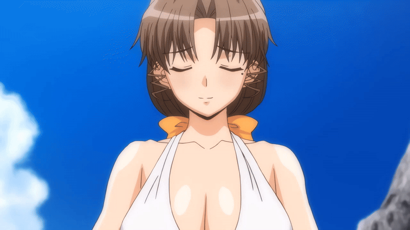 10s 1girls 2011 animated anime_screenshot beach bikini blurry blush bouncing_breasts bow breasts breasts_apart breasts_out brown_hair cleavage closed_eyes cloud day depth_of_field female female_focus flashing front-tie_bikini_top front-tie_top grey_hair hairbow large_breasts long_hair lowres mature_female mole mole_under_eye moroboshi_kyouko navel nipples nude parted_bangs public_indecency rock shiny_skin sky smile solo sweet_home swimsuit tagme undressing untied_bikini upper_body white_bikini wide_hips