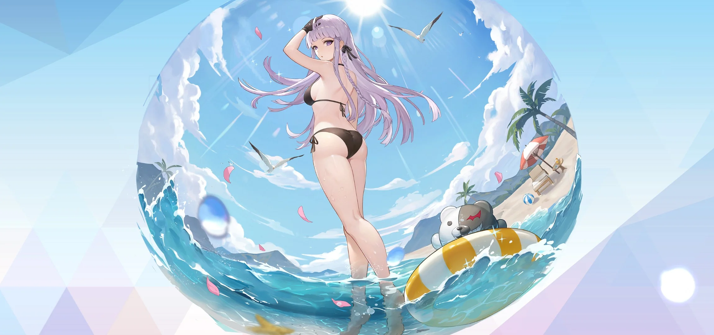 1girls :o arm_up ass ball_(object) beach beachball bikini bird black_bikini black_gloves blunt_bangs braid breasts caustics cloud danganronpa danganronpa_(series) danganronpa_s:_ultimate_summer_camp falling_petals female female_only fisheye from_behind full_body gloves hair_ribbon hand_on_own_head highres innertube kirigiri_kyouko kneepits lens_flare long_hair looking_back medium_breasts monokuma ocean official_art outdoors palm_tree parasol petals promotional_art purple_eyes purple_hair ribbon riichi_city seagull side-tie_bikini_bottom side_braid sidelocks summer sun swim_ring swimsuit tiptoes tree tropical_drink umbrella wading