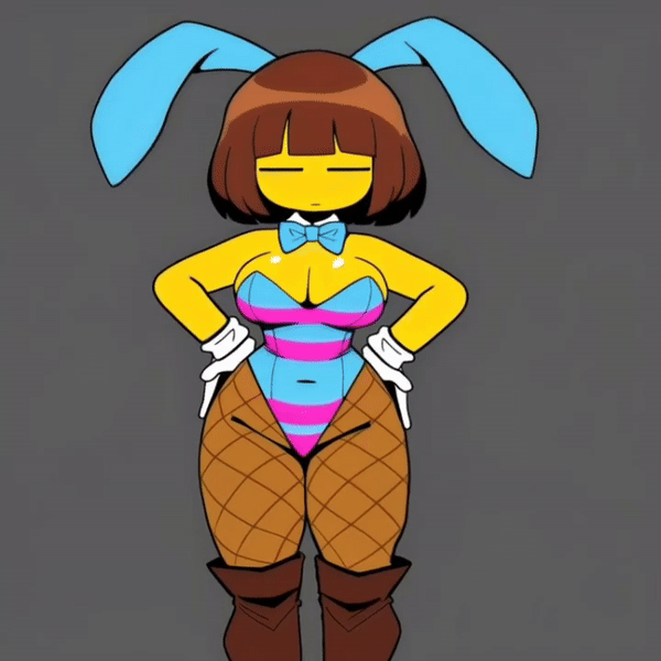 ai_generated animated bangs big_breasts blank_expression blue_bowtie blue_bunny_ears blue_bunnysuit blue_leotard bob_cut brown_boots brown_hair curvy female fishnet_legwear fishnets frisk frisk_(undertale) hands_on_hips kneehigh_boots leotard nonbinary pixai shoulder_length_hair simple_background slim_waist striped_leotard swaying swaying_breasts swaying_hips thick_thighs undertale undertale_(series) white_collar white_gloves yellow_skin yodayo