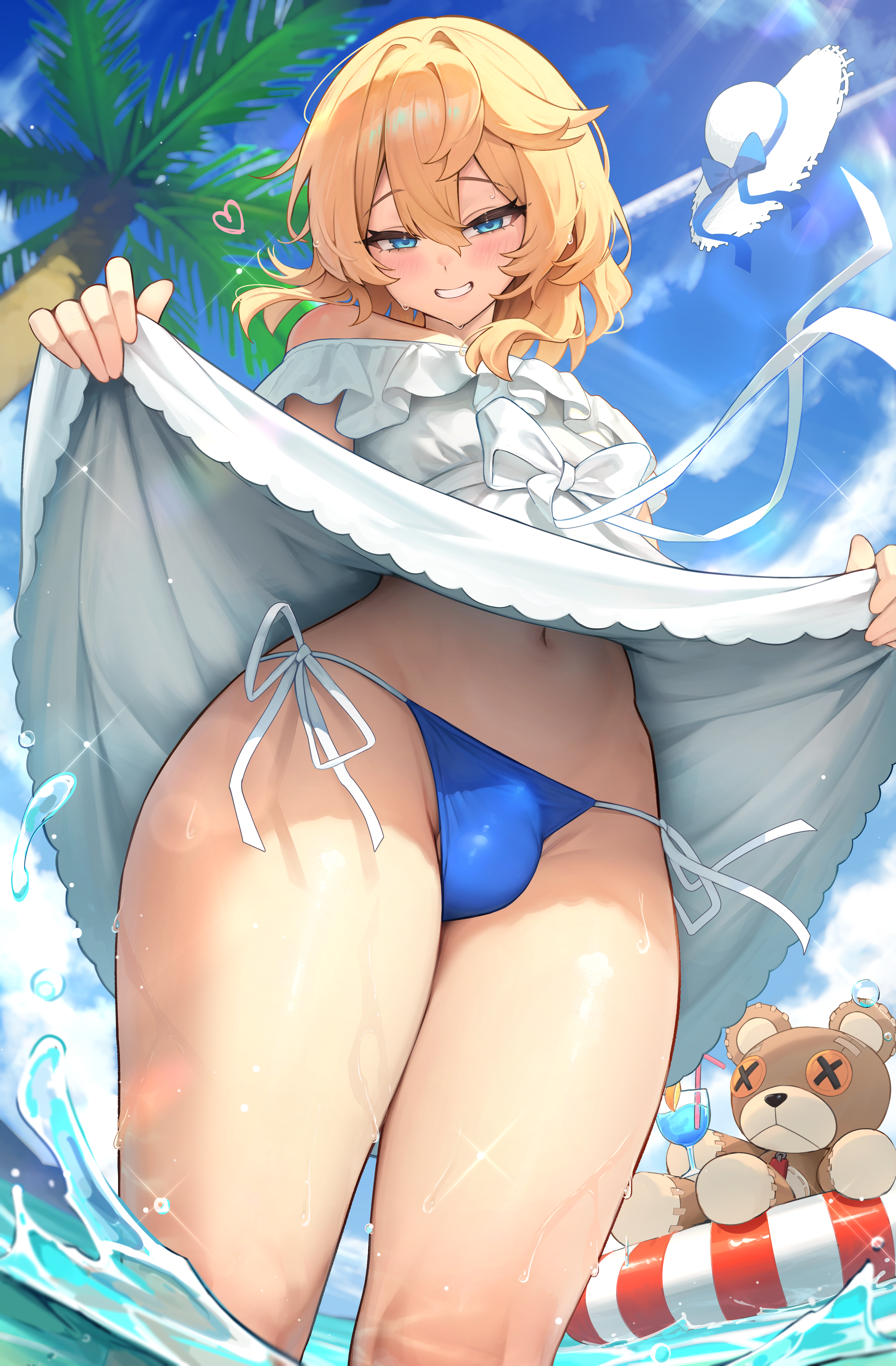 1boy absurdres bikini blonde_hair blue_bikini blue_eyes blue_sky bridget clothes_lift cloud day dress dress_lift guilty_gear guilty_gear_strive hair_between_eyes hakusyokuto hat highres lifting_own_clothes looking_at_viewer male_focus outdoors side-tie_bikini_bottom sky smile solo stuffed_animal stuffed_toy swimsuit teddy_bear thighs trap wet white_dress white_hat