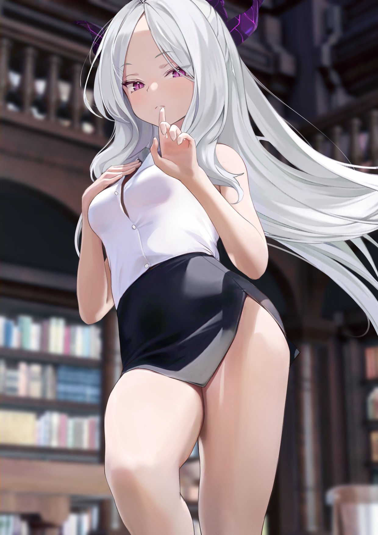 commentary, highres, alternate breast size, bangs, bare shoulders, big ass, black skirt, blue archive, blurry, blurry background, breasts, curled fingers, curvy, demon horns, eyebrows visible through hair, fat ass, feet out of frame, female, finger to mouth, floating hair, forehead, from below, frown, hand on breast, hand on own chest, hina (blue archive), horns, hourglass figure, huge ass, index finger raised, knees up, large ass, light blush, long hair, looking at viewer, medium breasts, miniskirt, multiple horns, parted bangs, partially unbuttoned, pencil skirt, preview (preview0), purple eyes, seductive, sexually suggestive, shirt, shirt tucked in, short skirt, side slit, skirt, sleeveless, sleeveless shirt, slit pupils, small breasts, solo, straight hair, thick ass, thick thighs, thighs, tsurime, unbuttoned, voluptuous, white hair, white shirt, 