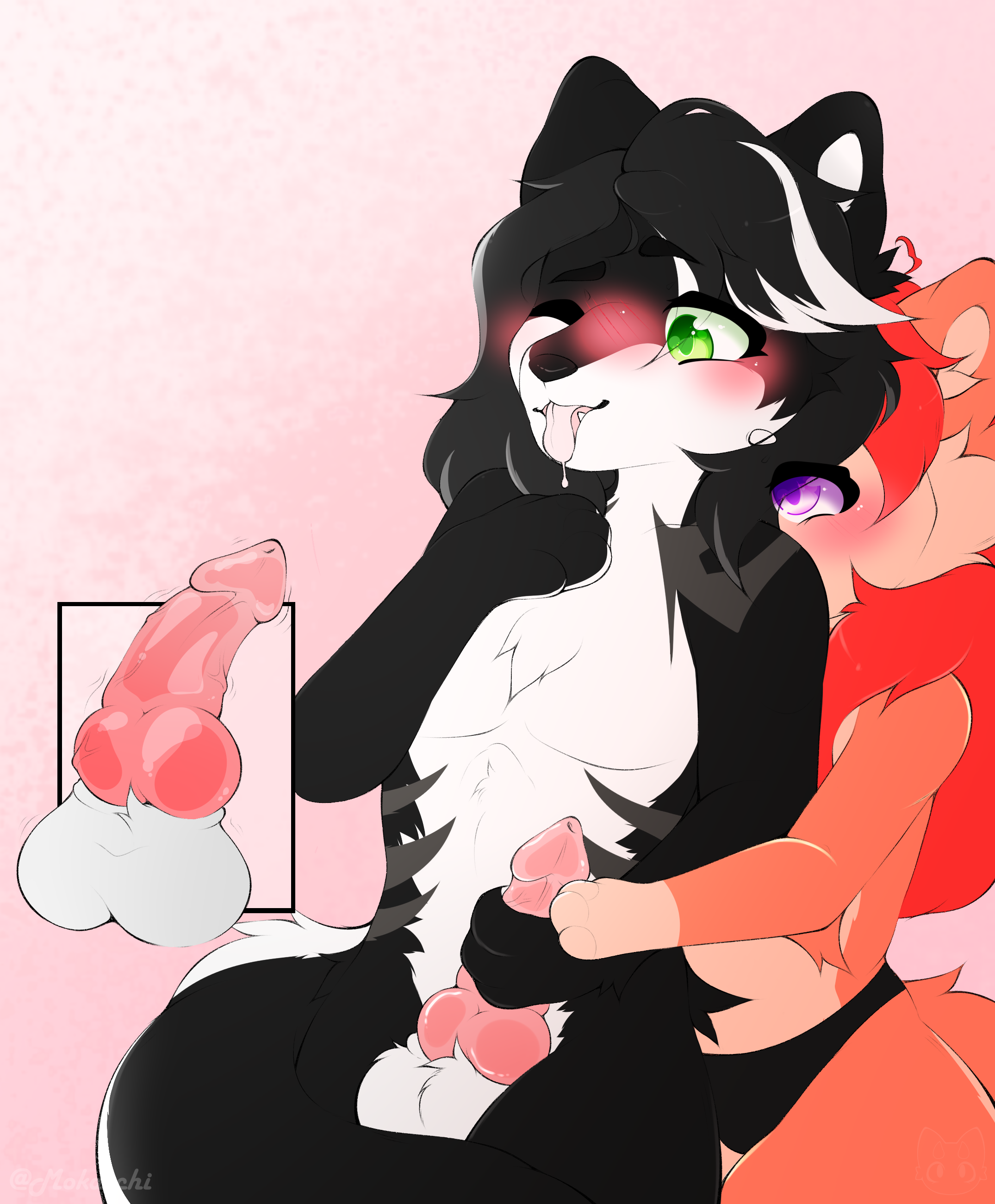 absurd res, hi res, duo, female, genitals, handjob, kayla squirrel, male, male/female, mammal, mephitid, mokacchi, penile, penis, rodent, sciurid, sex, skunk, throbbing, tongue, tongue out, 