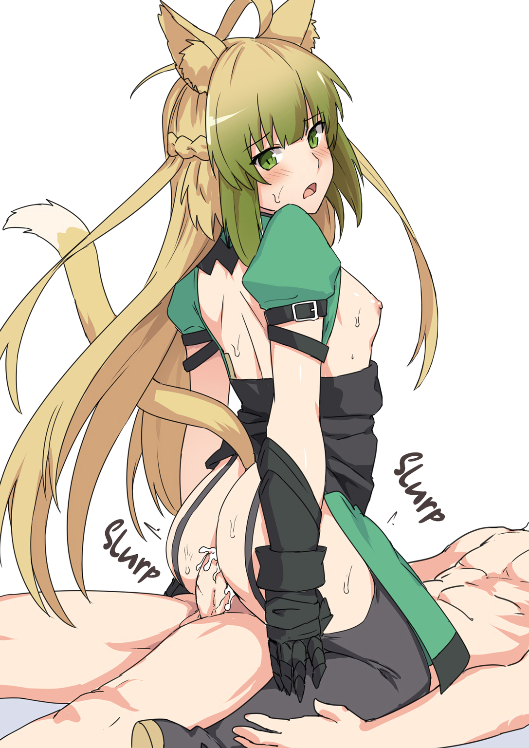 artist request, atalanta (fate), fate/apocrypha, fate (series), sound effects, third-party edit, 1boy, ahoge, anal, animal ears, ass, bangs, bare back, black footwear, black gloves, blonde hair, boots, braid, breasts, cat ears, cat tail, clothed female nude male, cum, cum in ass, dress, female, gloves, green dress, green eyes, green hair, long hair, multicolored hair, nipples, nude, open mouth, penis, puffy short sleeves, puffy sleeves, short sleeves, small breasts, sweat, tail, testicles, thigh boots, thighhighs, twintails, two-tone hair, uncensored, 
