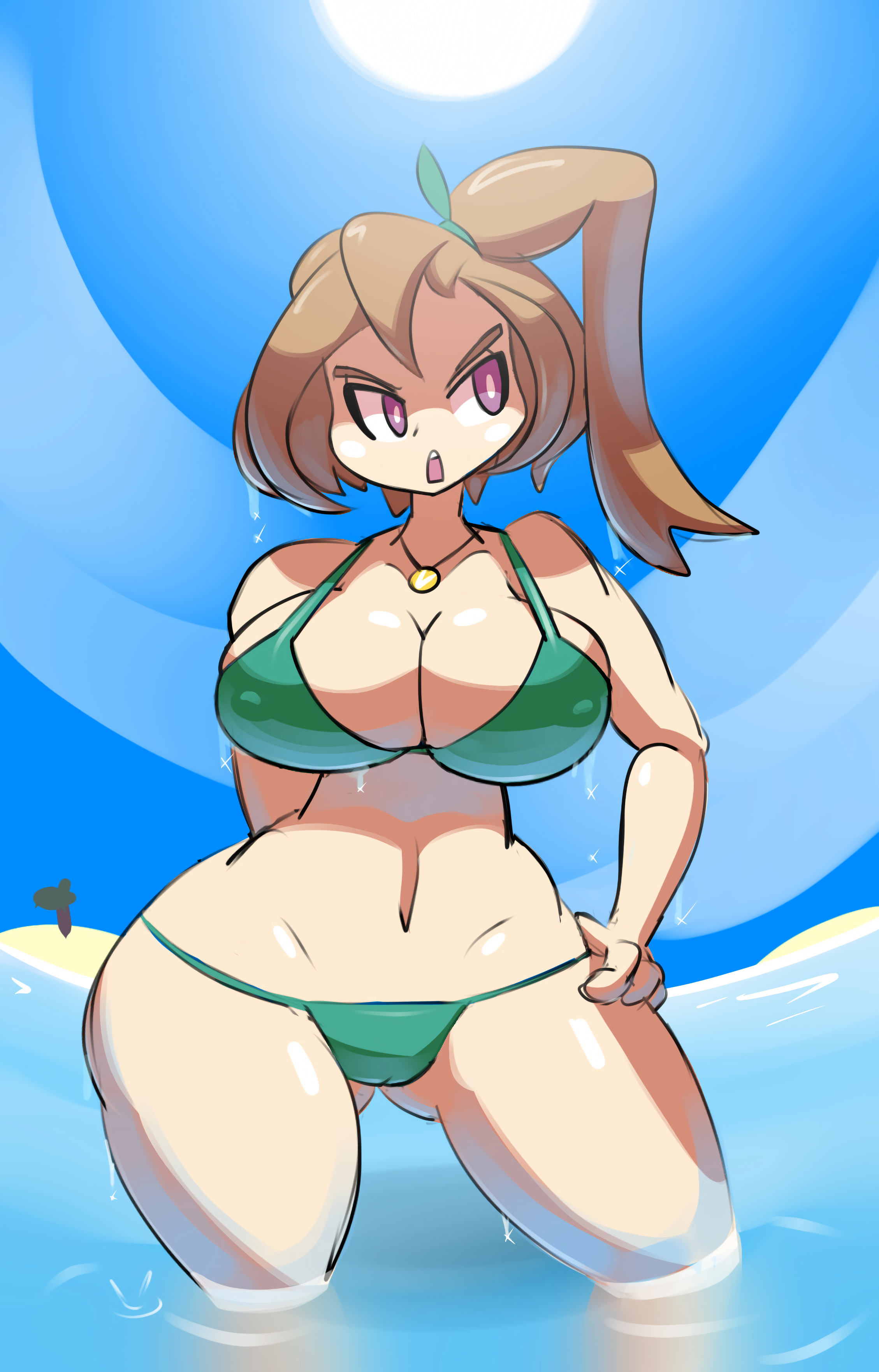 tagme, 1girls, beach, big ass, big breasts, enormous ass, hand on hip, huge ass, huge breasts, huge hips, long hair, nipples, nipples visible through clothing, pcengine, thick thighs, water, wide hips, 