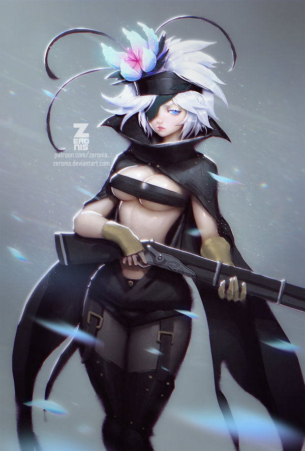zeronis, fremy speeddraw, rokka no yuusha, blue eyes, boots, breasts, cape, covering, eye patch, female, female only, hair flower, hair ornament, large breasts, rifle, solo, standing, thigh boots, weapon, white hair, 