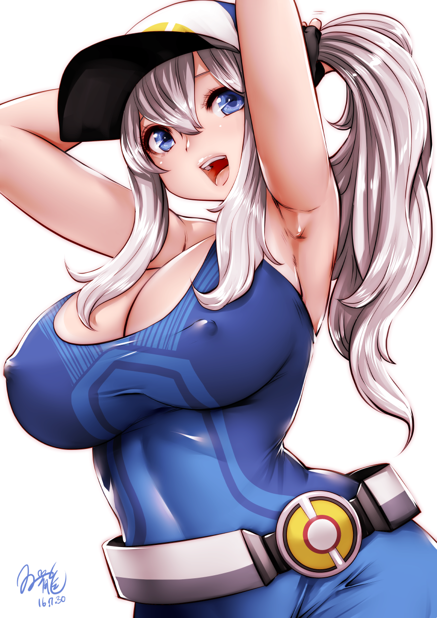 souryu, female protagonist (pokemon go), dated, simple background, white background, armpits, arms behind head, arms up, artist name, baseball cap, belt, blue eyes, blush, breasts, cleavage, cosplay, erect nipples, female, hat, huge breasts, impossible clothes, large breasts, lips, long hair, looking to the side, open mouth, pokemon, pokemon go, ponytail, smile, solo, teeth, tied hair, tight clothes, white hair, 
