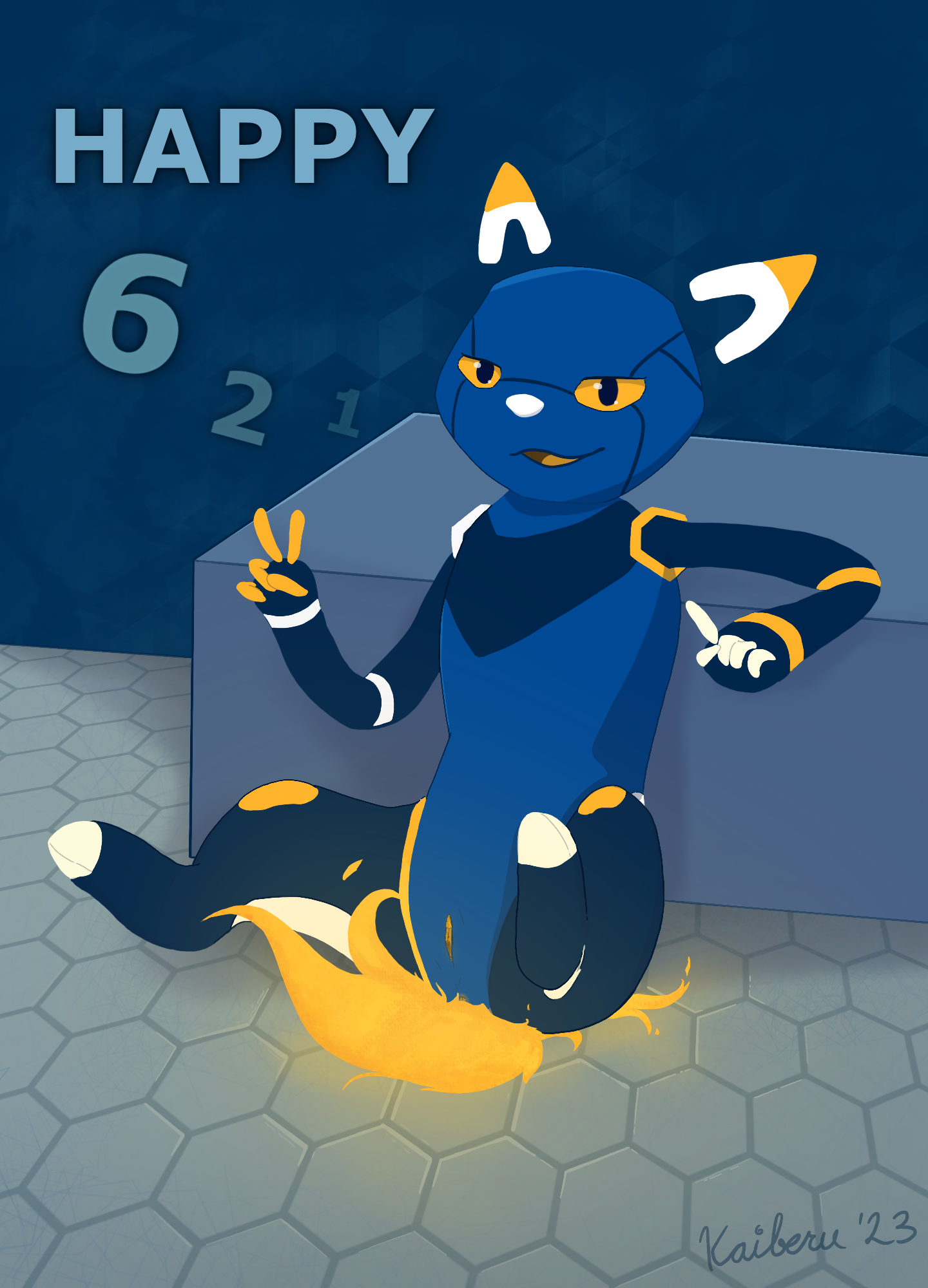 esix, e621, hi res, 2023, 5 fingers, 621 (number), 621 day, ambiguous gender, anthro, anus, breasts, featureless breasts, female, fingers, fire, flaming tail, genitals, half-closed eyes, hexagon, hexagon background, hexagonal grid, hexagons, kaiberu, legs up, mascot, narrowed eyes, open mouth, pussy, raised leg, sitting, smile, solo, tail, tongue, white nose, yellow eyes, yellow pussy, yellow tongue, 