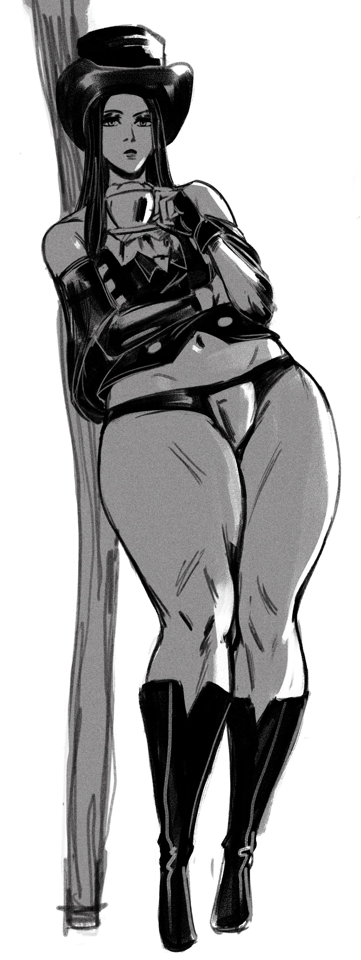 redblacktac, leaning on object, looking at viewer, thick thighs, tophat, 