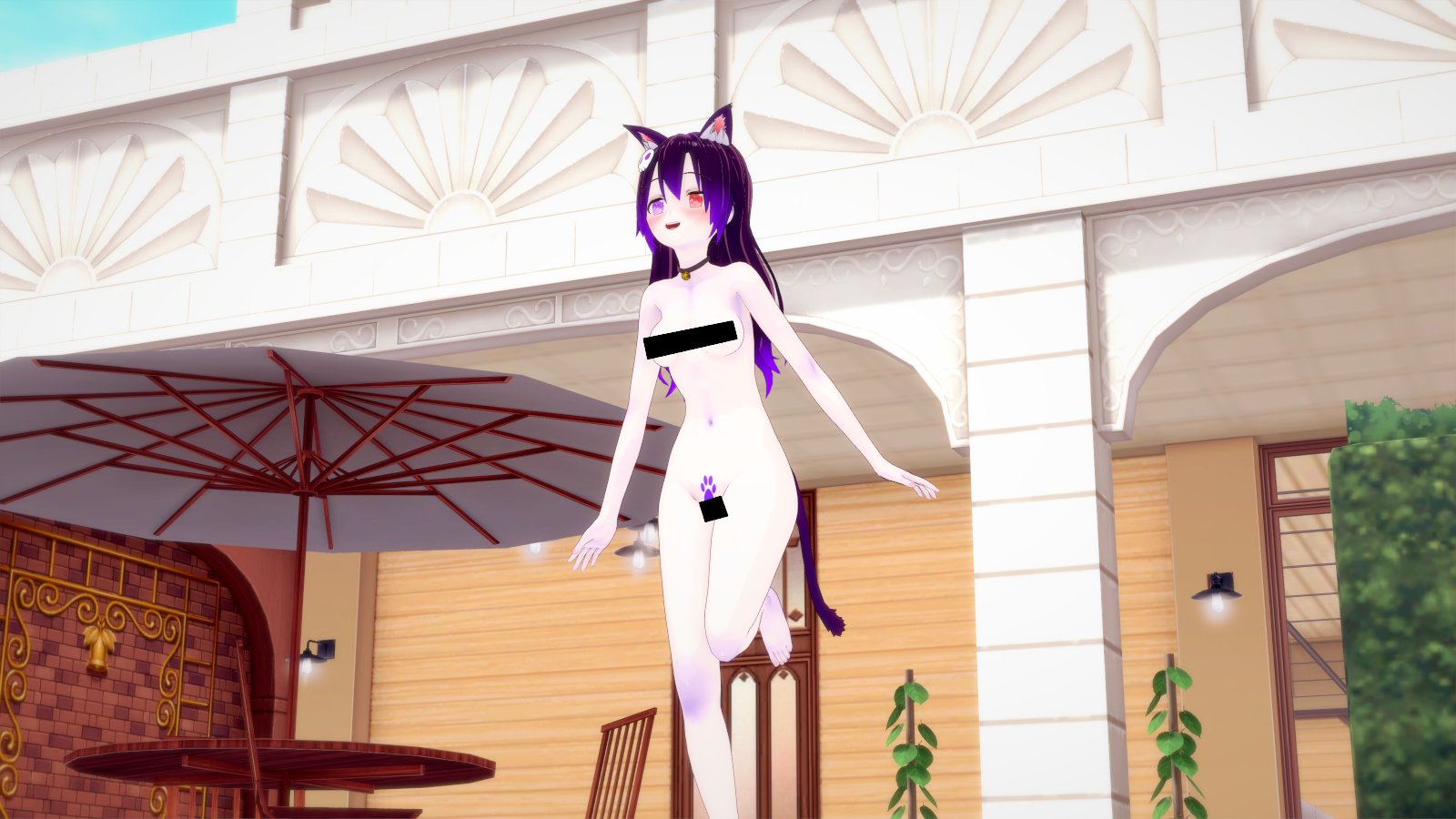 virtual youtuber, vrchat, 3d, koikatsu, tagme, 1girls, breasts, cat ears, cat tail, catgirl, erect nipples, female, horny female, lewdielilac, multicolored eyes, nude female, outside, ponytail, purple hair, pussy, pussy hair, skull hair ornament, smile, solo, solo female, totless, tsuki kimura, vrchat avatar, vtuber, wet pussy, 