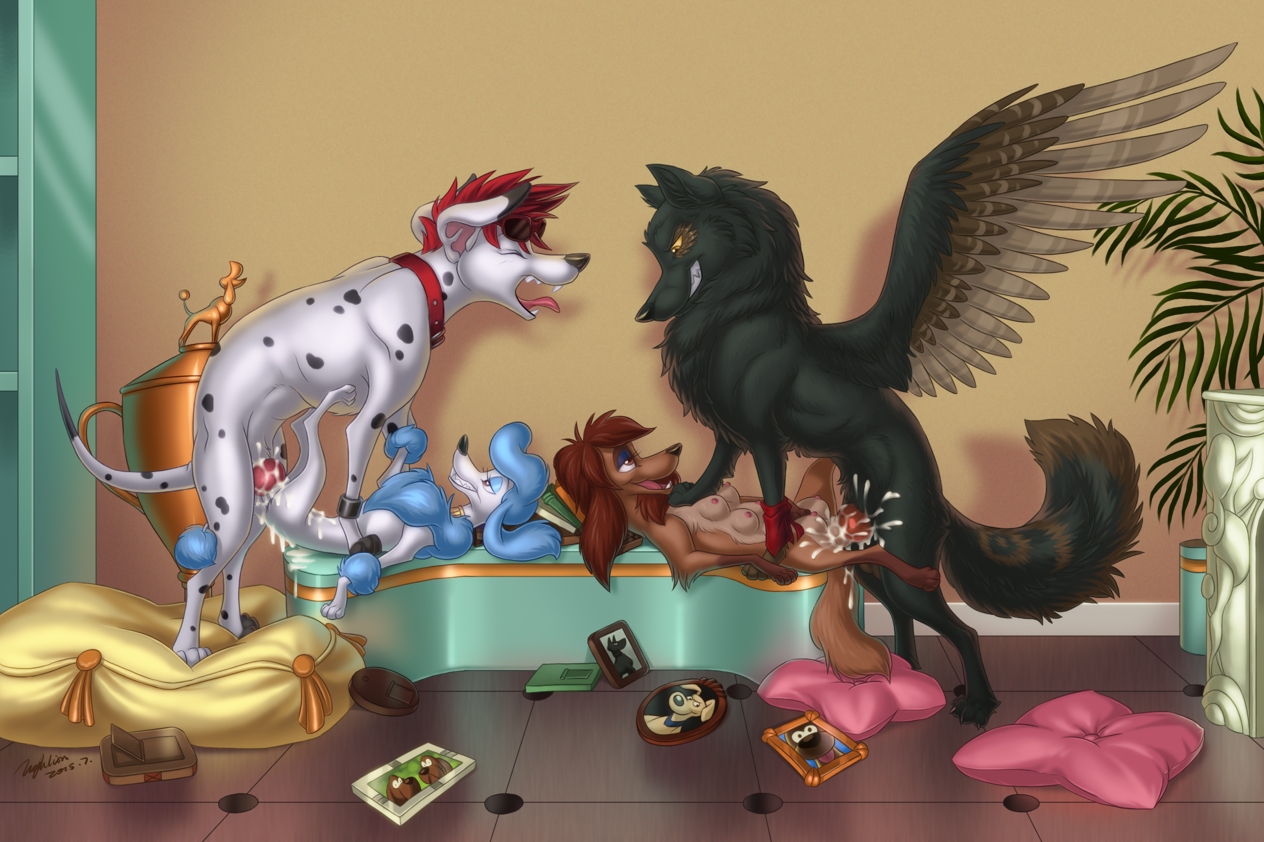 hyhlion, georgette, rita (oliver and company), disney, oliver and company, 2015, animal genitalia, breasts, canine, canine penis, canine pussy, cobaltdawg, collar, cum, cum in pussy, cum inside, dalmatian, dog, erection, eyewear, female, feral, feral on feral, group, hair, knot, lying, male, mammal, missionary position, multi breast, multi nipple, nipples, on back, open mouth, penetration, penis, poodle, pussy, saluki, sex, straight, tongue, tongue out, vaginal penetration, winged wolf, wings, wolf, 
