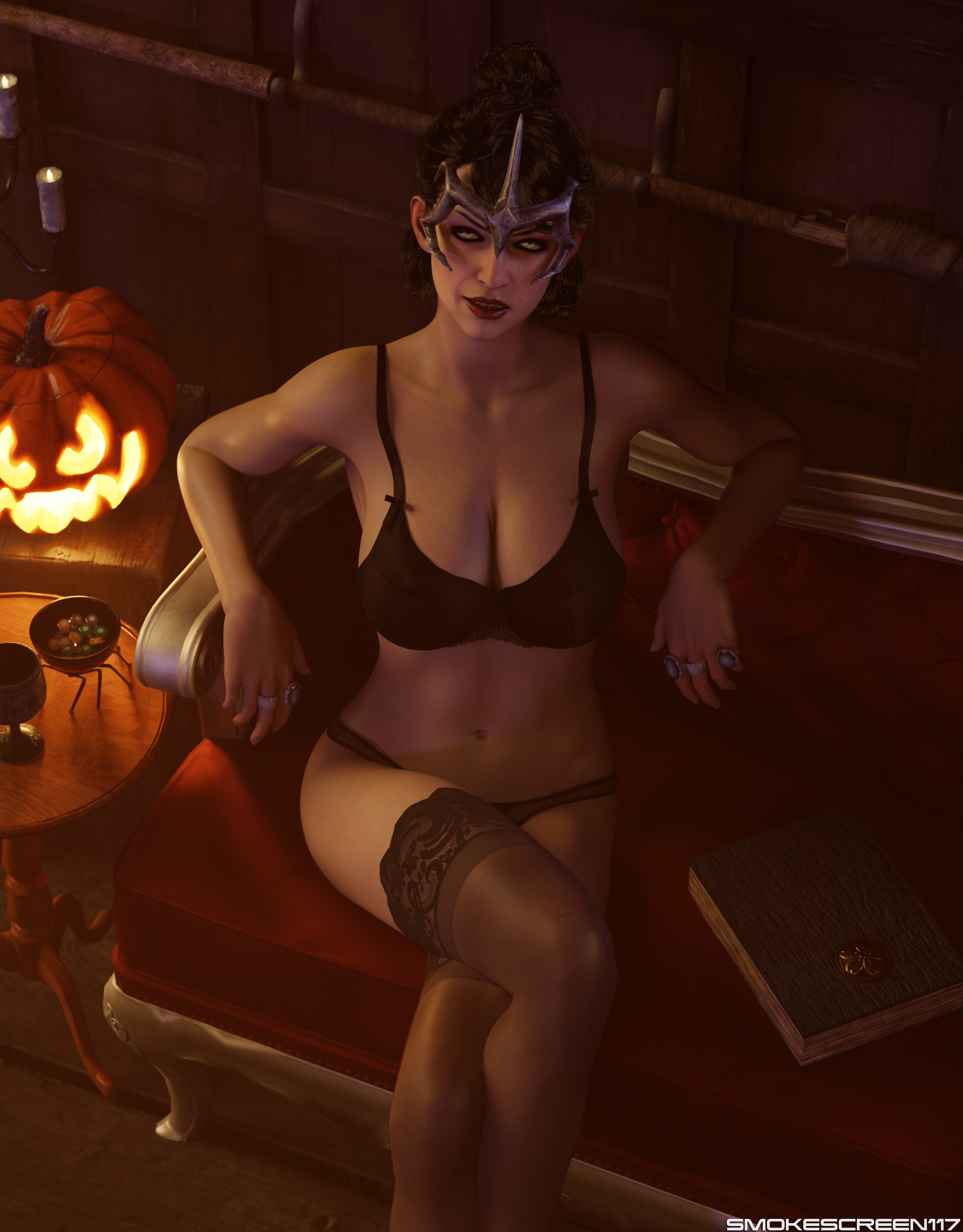 3d 3d_(artwork) big_breasts black_stockings blender breasts dark_hair dragon_age dragon_age_the_veilguard halloween lingerie mature mature_female milf morrigan_(dragon_age) pin-up smokescreen117 solo solo_focus stockings yellow_eyes