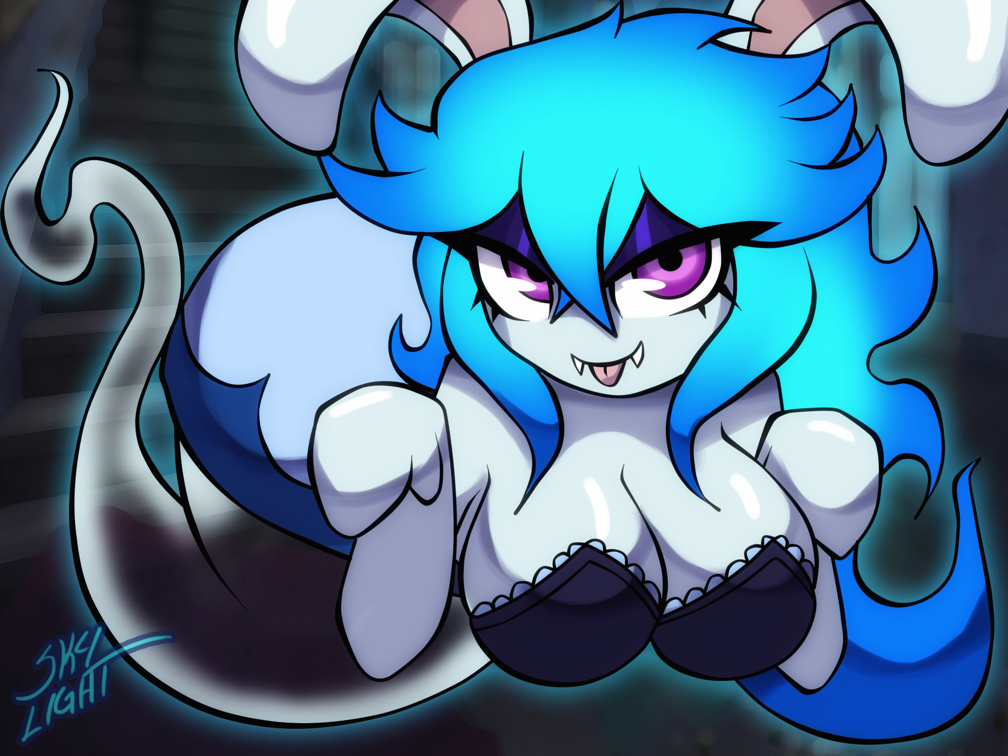 skylight (artist), rabbid, mario bros, nintendo, raving rabbids, rayman (series), ubisoft, 4:3, hi res, anthro, big breasts, blue hair, breasts, cleavage, clothed, clothing, cute, cute face, eyeshadow, fangs, female, female only, ghost, hair, lagomorph, looking at viewer, makeup, mammal, mario plus rabbids sparks of hope, narrowed eyes, purple eyes, rabbid ghost girl, sexy, smile, smiling at viewer, solo, solo female, spirit, tongue, tongue out, translucent, translucent body, video games, white body, 