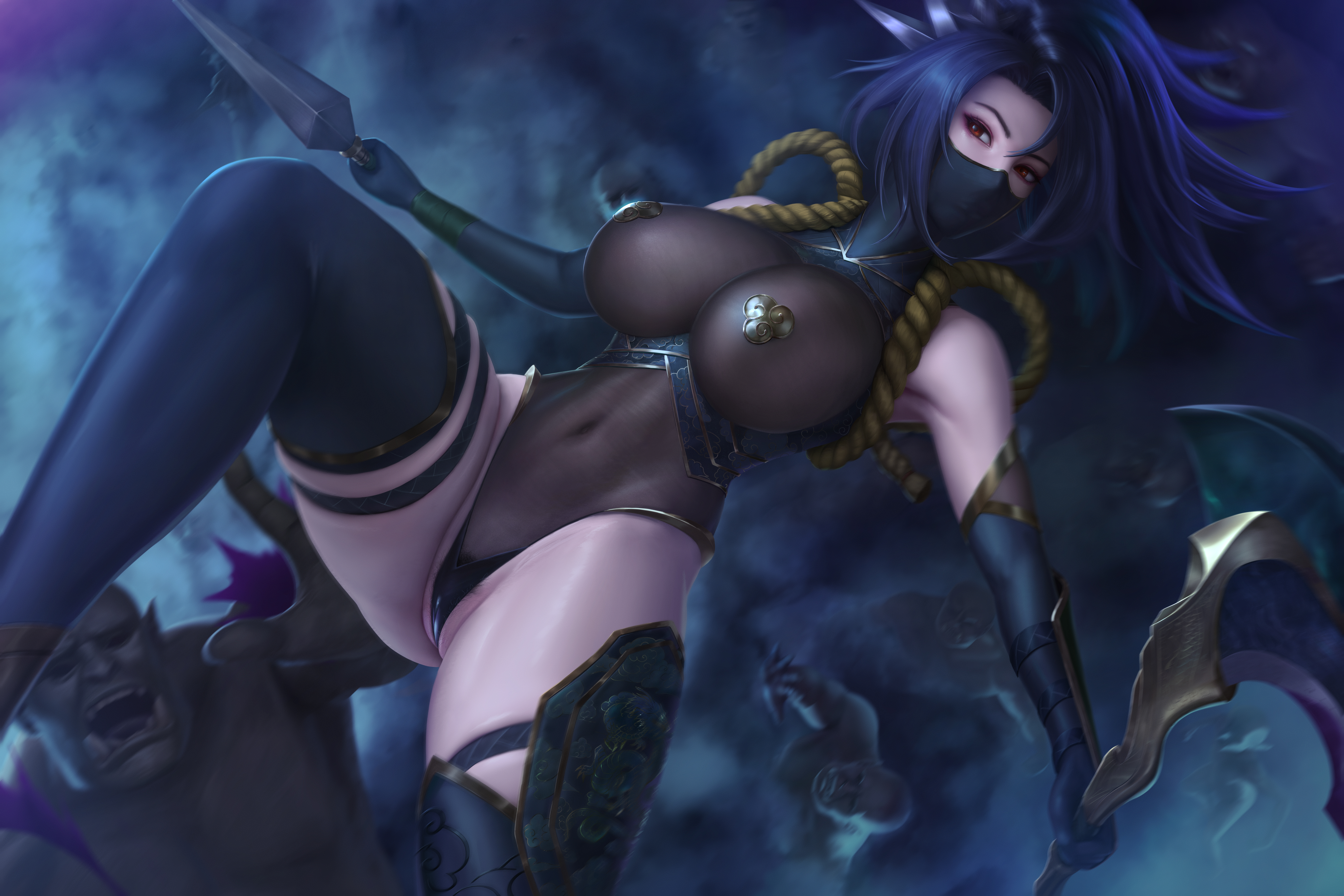 limgae, akali, taimanin (series), absurd res, absurdres, hi res, high resolution, highres, very high resolution, 1girls, breasts, female, female pubic hair, holding object, holding sword, looking at viewer, mask, navel, nipple pasties, partially visible vulva, pubic hair, purple hair, red eyes, see-through, see-through clothing, 