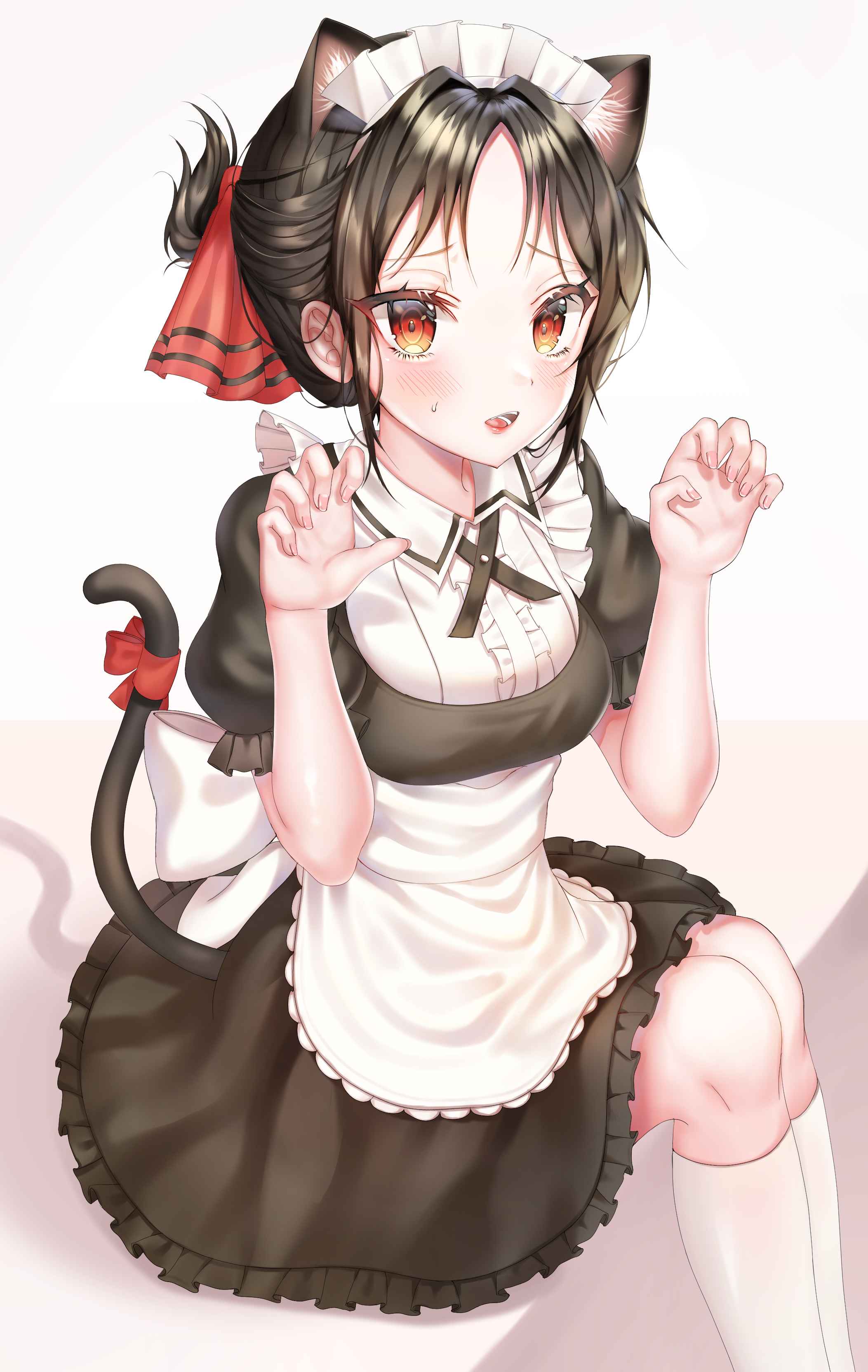 shinomiya kaguya, kaguya-sama wa kokurasetai ~tensai-tachi no renai zunousen~, alternate costume, apron, bangs, black dress, black hair, blush, bow, cat ears, cat tail, catgirl, claw pose, dress, folded ponytail, frilled apron, frilled dress, hair ornament, hair up, hands up, legwear, looking at viewer, maid, open mouth, puffy short sleeves, puffy sleeves, red eyes, red ribbon, ribbon, sitting, small breasts, solo, tail, tail ribbon, white bow, white legwear, 