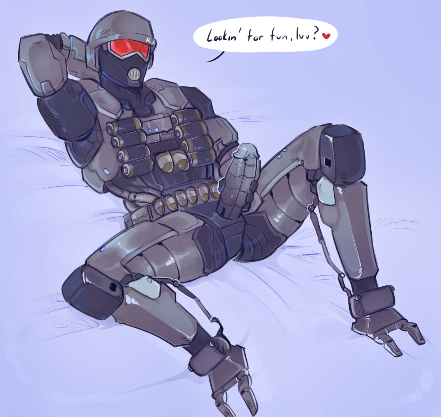 vhkansfweer, character request, english text, simple background, text, 1boy, big penis, erection, looking at viewer, male, male only, penis, robot, solo, spread legs, spreading, 