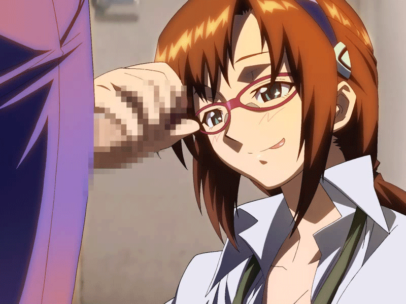 yabusame, makinami mari illustrious, neon genesis evangelion, animated, censored, blush, brown hair, glasses, handjob, penis, tongue, 