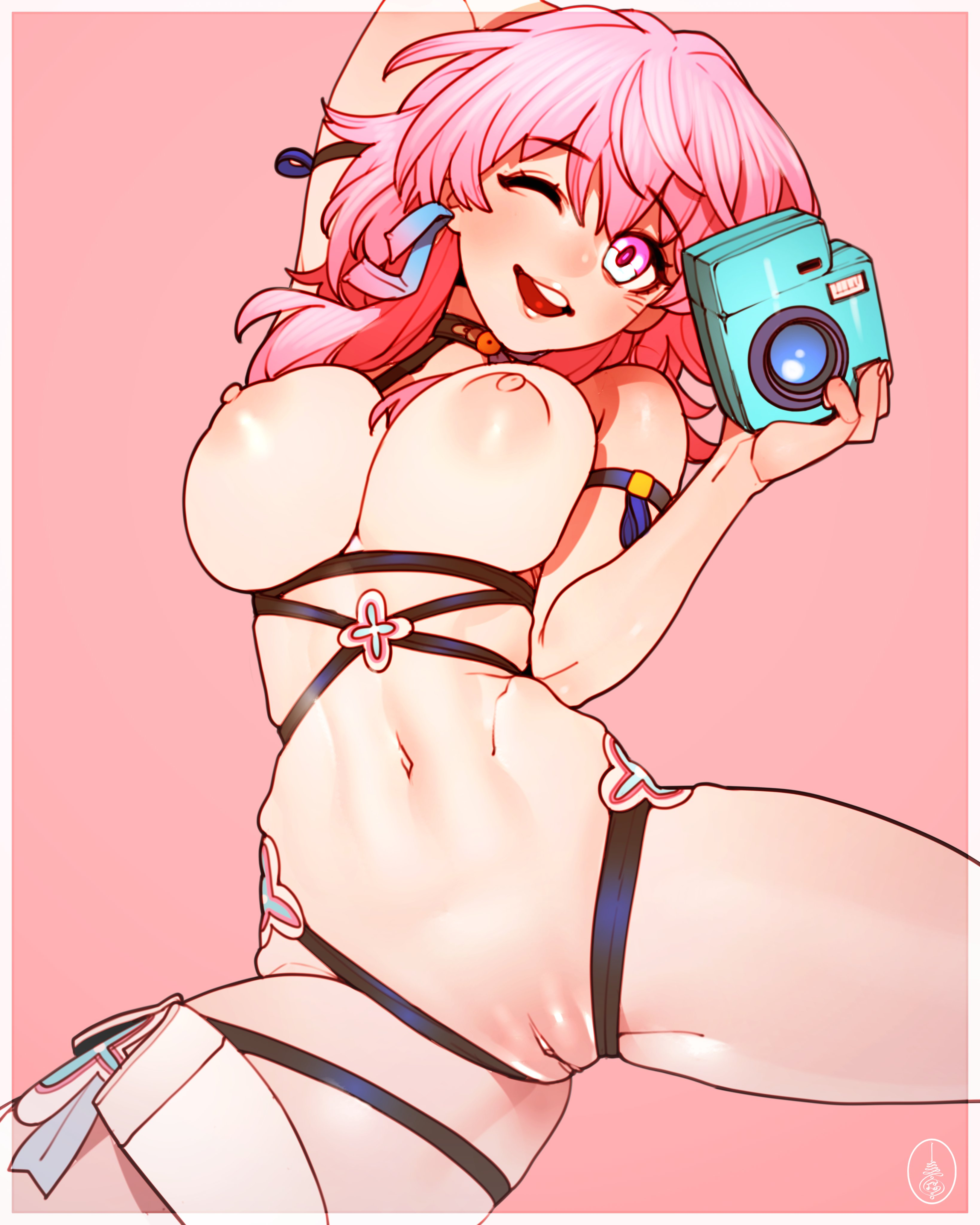 1girls, big breasts, breasts, camera, honkai: star rail, march 7th (honkai: star rail), pussy, smile, 