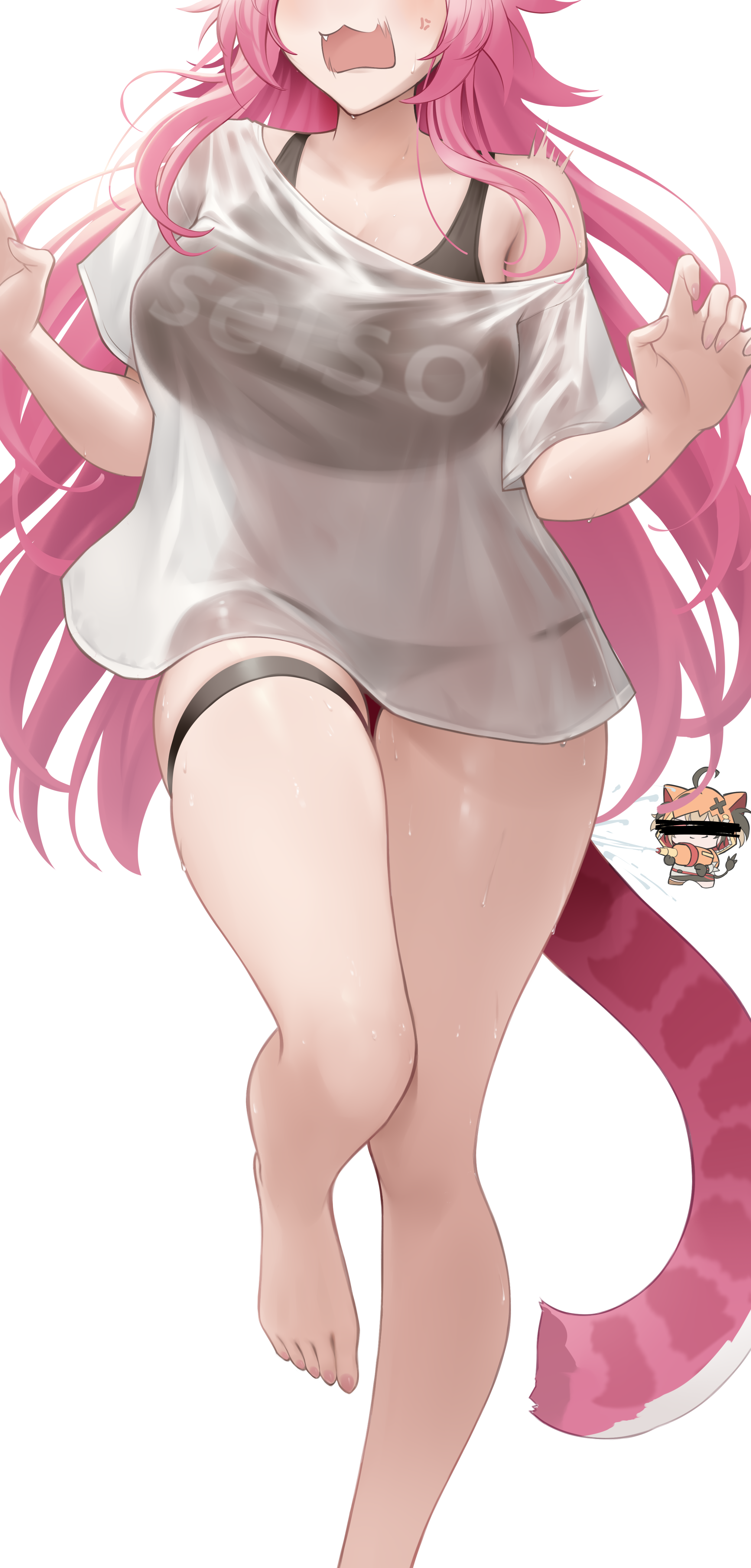 2girls :3 absurdres barefoot black_bra black_panties bra bra_visible_through_clothes breasts censored censored_identity chibi commentary english_commentary foot_out_of_frame gigi_murin gigi_murin_(1st_costume) highres hololive hololive_english large_breasts long_hair multiple_girls no_pants oerba_yun_fang paid_reward_available panties panties_visible_through_clothes pink_hair raora_panthera see-through_clothes see-through_shirt shirt simple_background single_bare_shoulder single_off_shoulder solo solo_focus somebody_(leiking00) standing standing_on_one_leg surprised tail underwear virtual_youtuber water_gun wet wet_clothes wet_shirt white_background white_shirt