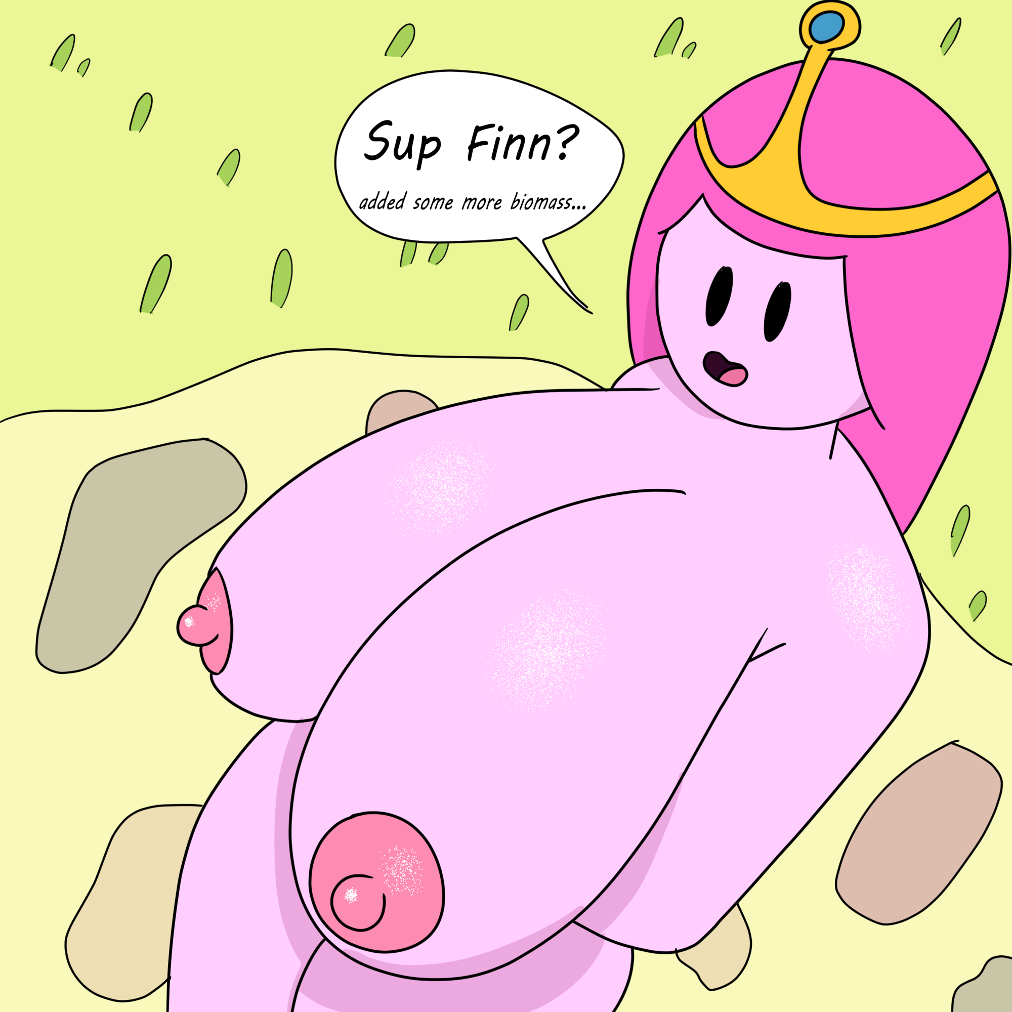 adventure_time big_breasts breasts cartoon_network english english_text female huge_breasts magmameow massive_breasts nipples outdoor_nudity outdoors outside pink_body pink_hair pink_nipples pink_skin princess princess_bubblegum royalty