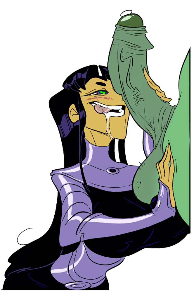 slb, beast boy, blackfire, dc, teen titans, black hair, clothed, clothing, drooling, huge cock, large breasts, precum, tongue out, 