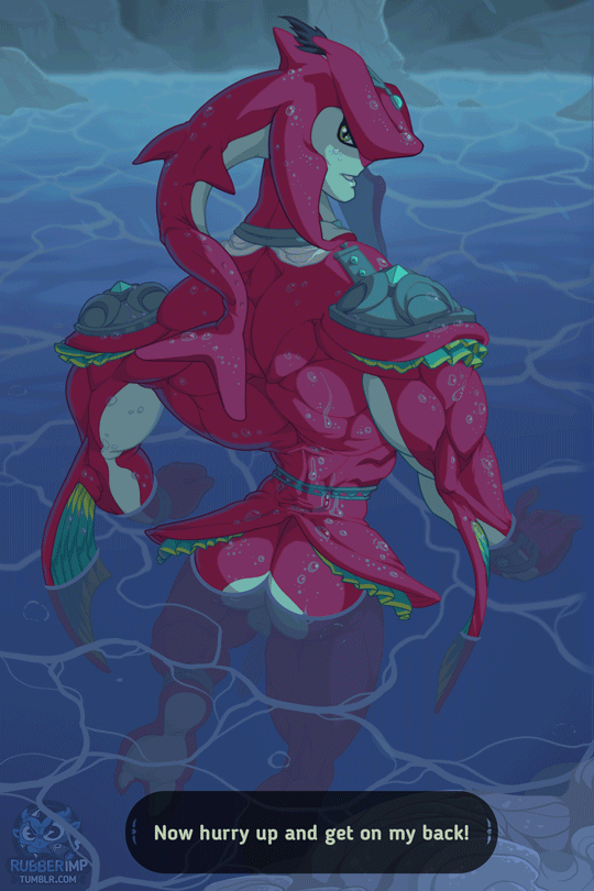 unknown artist, prince, sidon, zora, breath of the wild, the legend of zelda, animated, english text, text, !, anthro, ass, balls, biceps, dialogue, fin, floating, looking at viewer, looking back, male, male only, manly, muscles, nude, open mouth, presenting hindquarters, royalty, shark, solo, sweat, triceps, water, wet, yellow eyes, 