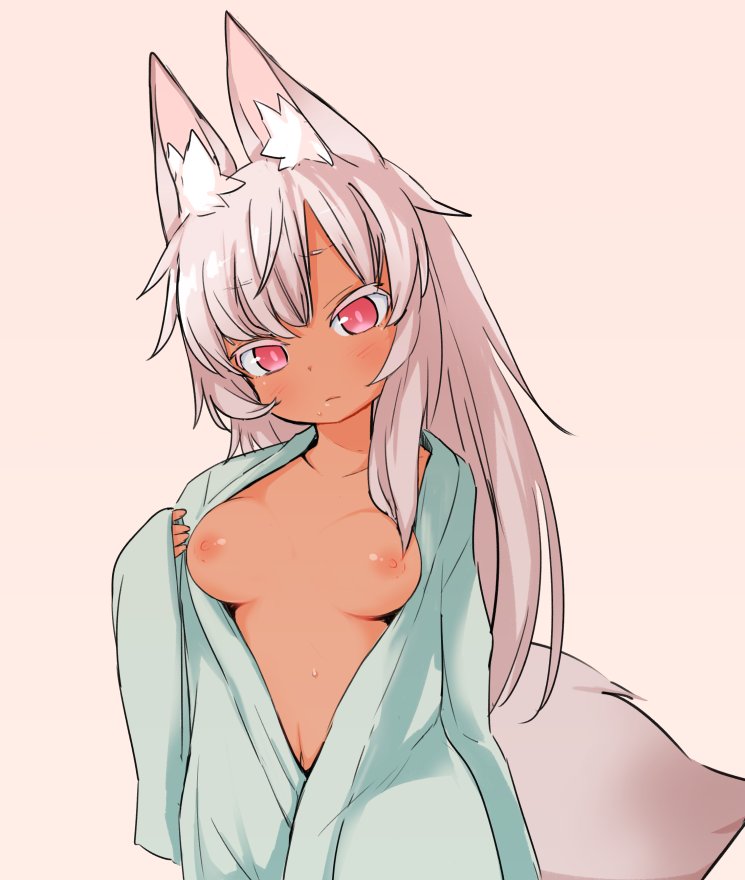 artist request, character request, pink background, source request, 1girls, animal ears, blush, breasts, clothes, dark-skinned female, dark skin, female, female only, fox tail, kitsunemimi, long hair, open clothes, pink eyes, pink hair, small breasts, solo, tail, tanned, 